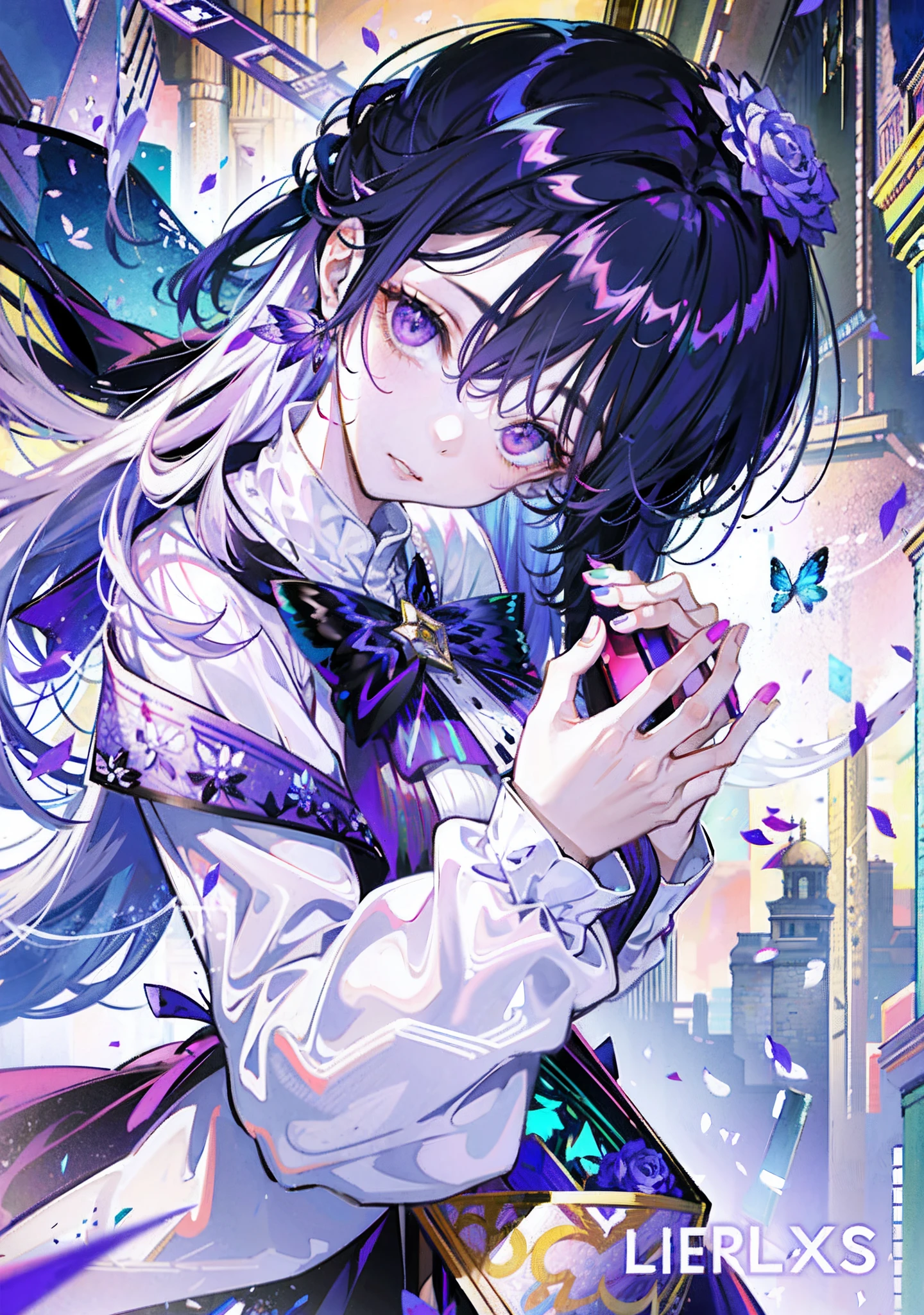 silber hair,butterflys,long whitr hair,8k wallpaper,detailedbackground,Highest high resolution,deep v big breasts,Hair over eyes,Bandeau,Church background,Purple roses,tight-fitting,themoon,stocklings