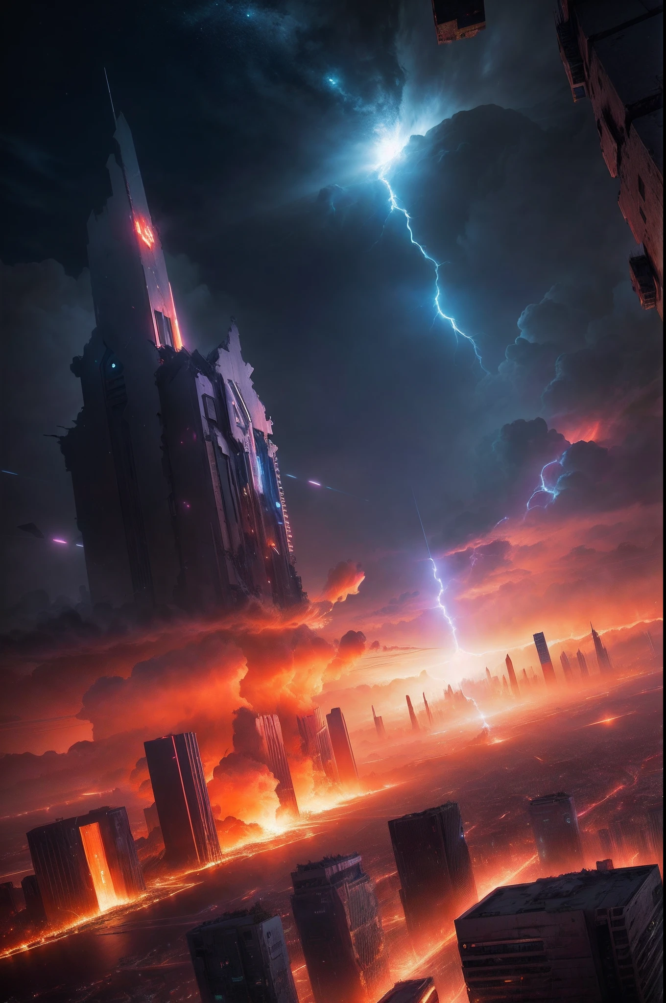 Close-up of a collapsed city with lightning bolts in the sky, artgem and beeple masterpiece, epic fantasy sci fi illustration, Stylized urban fantasy artwork, Dramatic lighting. concept-art, arstation and beeple highly, sci fi epic digital art, cinematic beeple, bastien grivet, 3 d render beeple, science fiction digital painting