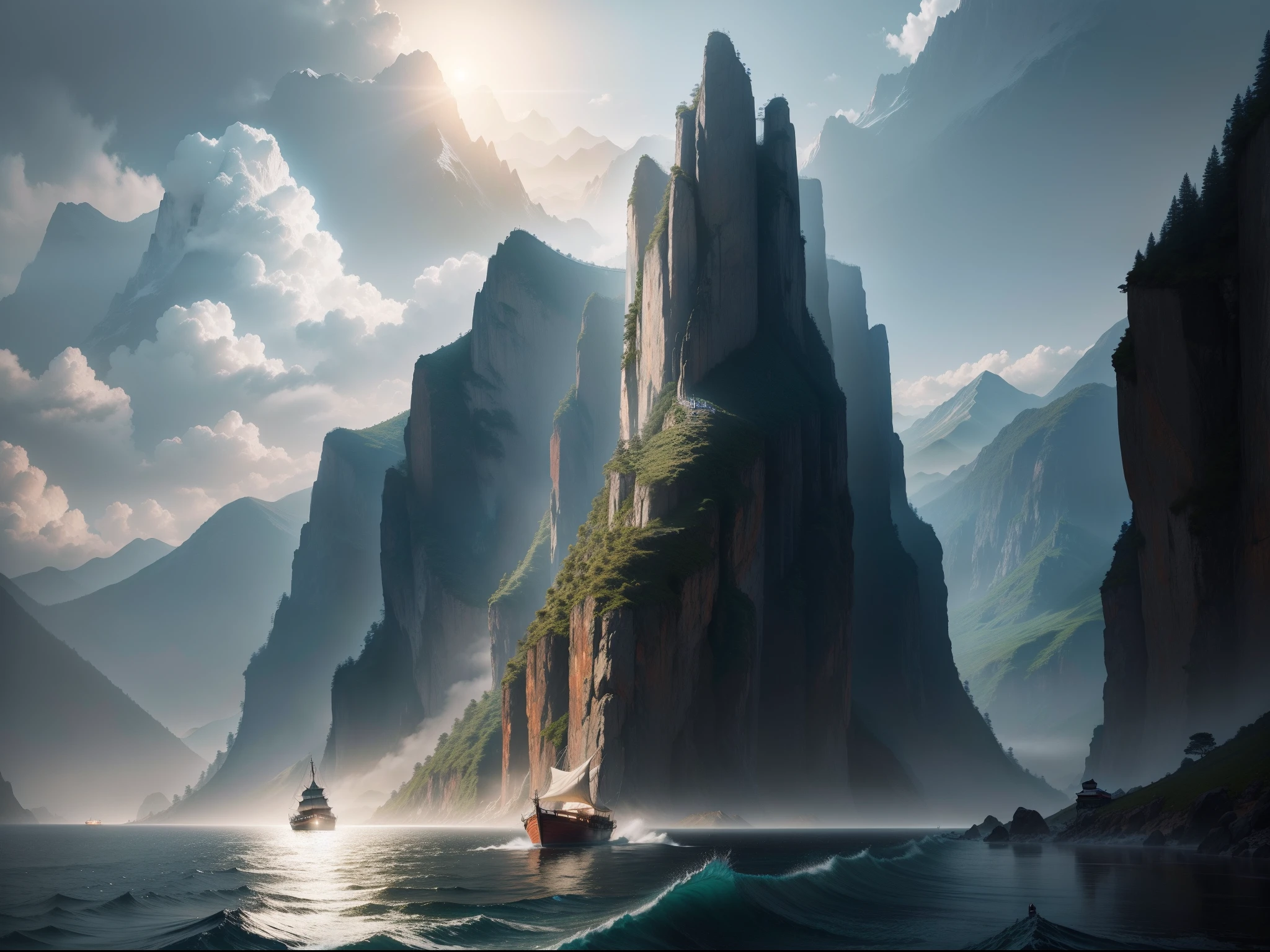 The light boat has crossed the Ten Thousand Heavy Mountains。A man stands on the shore。