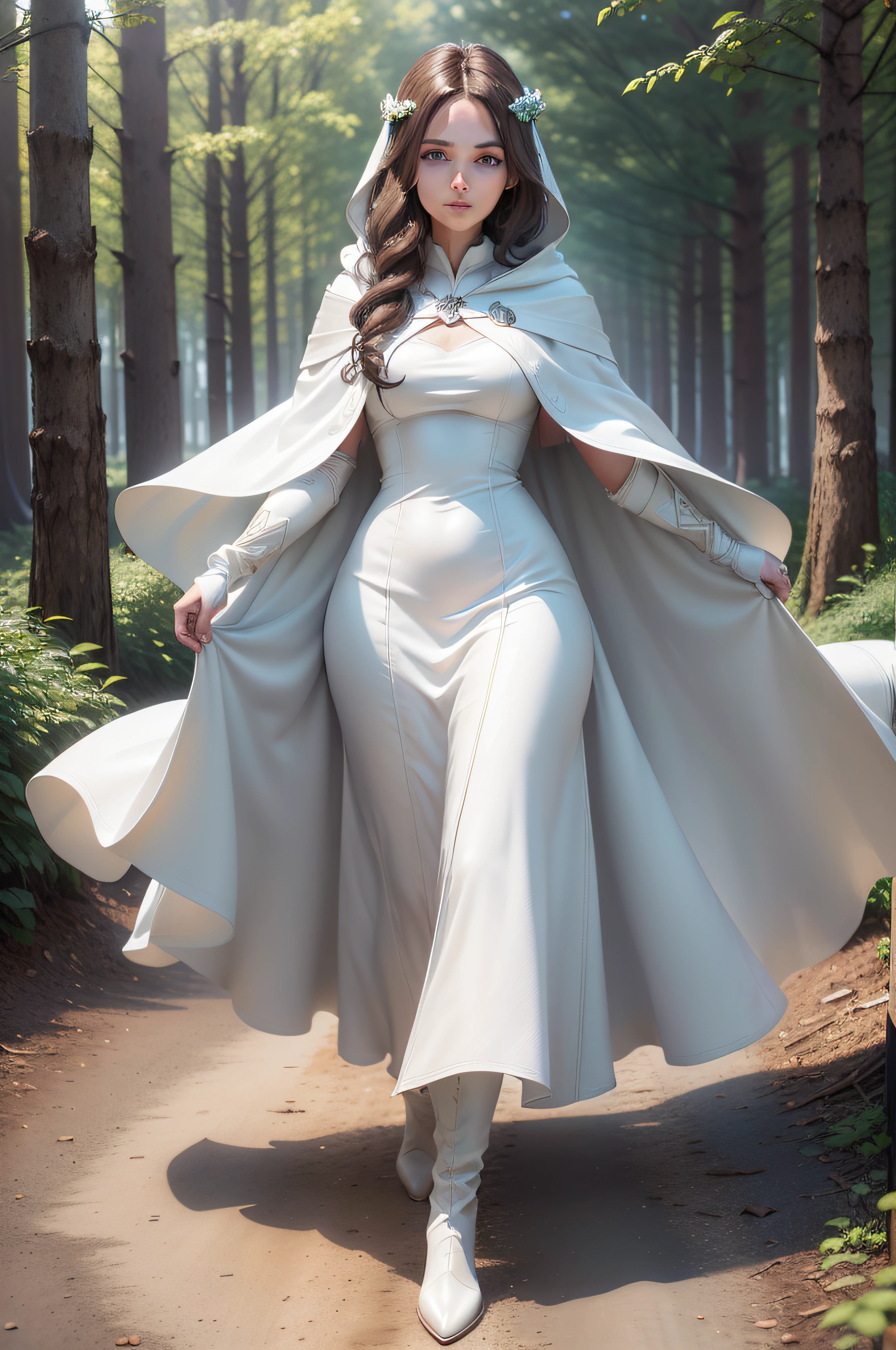Woman, Tall, Beautiful, Curvy, Brown hair, Dark hair, Blue eyes, Long hair, Wavy hair, Gentle smile, Sweet look, Long dress, Expensive dress, Fine fabric dress, Leather boots (RAW photo)(8k UHD)(DSLR)(soft lighting)(high quality)(filmic grain)(Fujifilm XT3)(master part, full body, extremely high quality, photorealistic, highly detailed, octane rendering, Unreal engine , HD 8K, soft Cinematic Light, hyper-detailed, hyper-realistic skin texture, best quality, ultra high-resolution, soft tones, look at the viewer, realistic 3d anime)(((brown hair)))(((blue eyes)))((( forest)))(human, girl, White skin, pale skin, green eyes, light brown hair, long hair, wavy hair, serious look, discreet smile, noble, richly adorned white dress, white dress, white cape, White cape with hood, white hood, noble steal, white long cloak, white clothing, white boots, white glove, long glove, age 20)(((brown hair)))(((blue eyes)))(((Forest)))