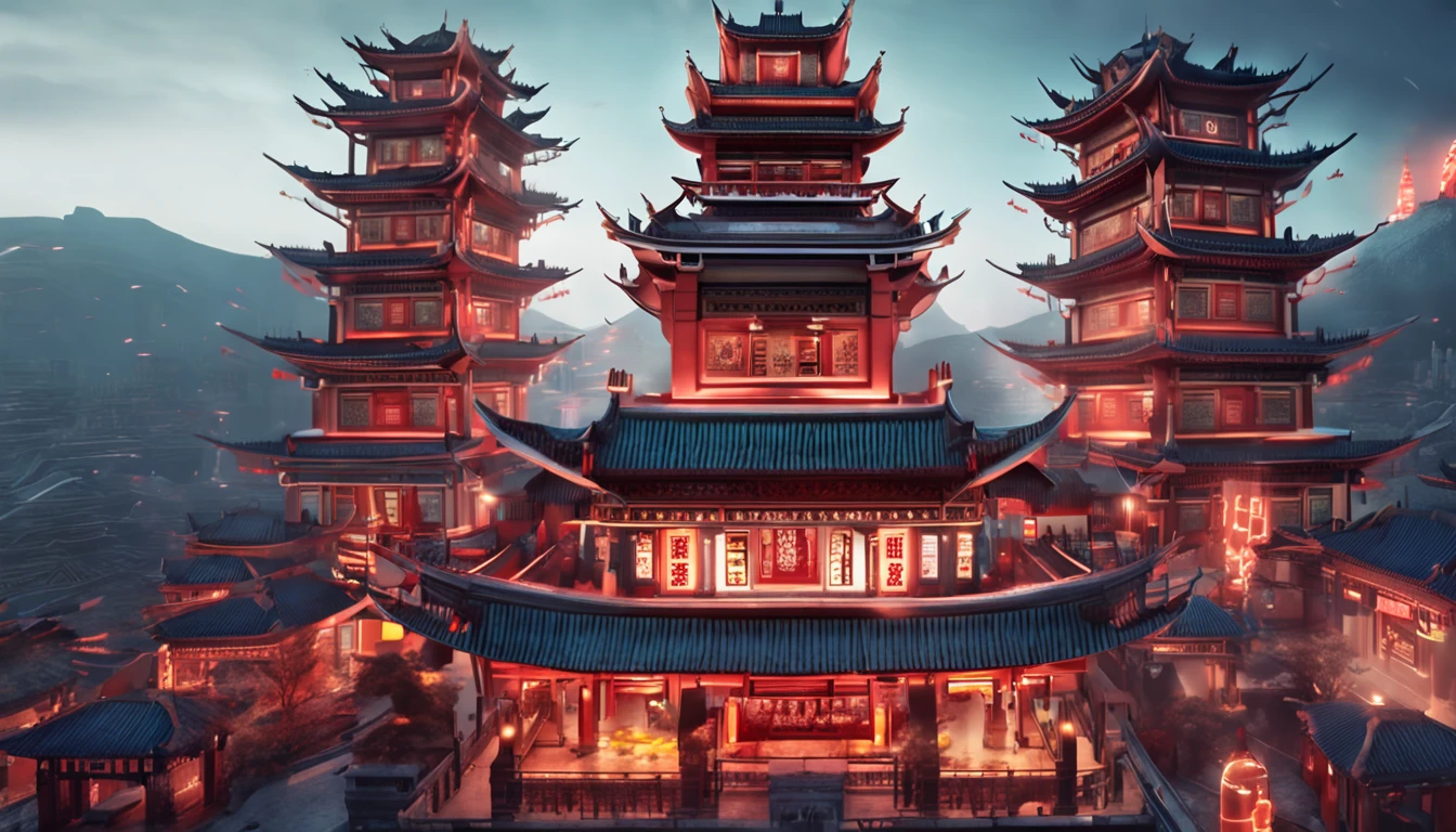 Close-up of Beijing Drum Tower，Ancient architecture combined with the city of the future，Cyberpunk night view，A little perspective，Front view，フォトリアリスティック，cinematic Film still from，Studio background