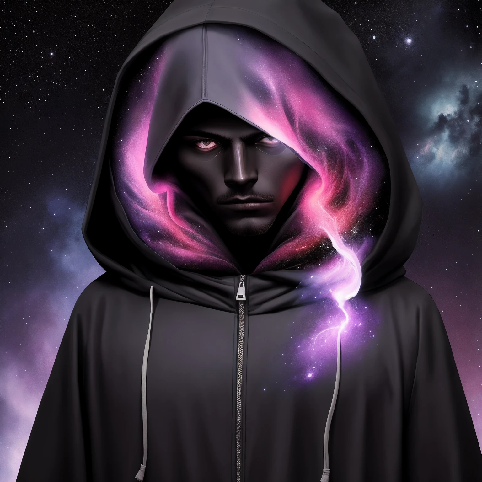 Hooded man with head down, roupa preta e rosto nao aparece , Jantar Nebulosa, rosyo todo escuro