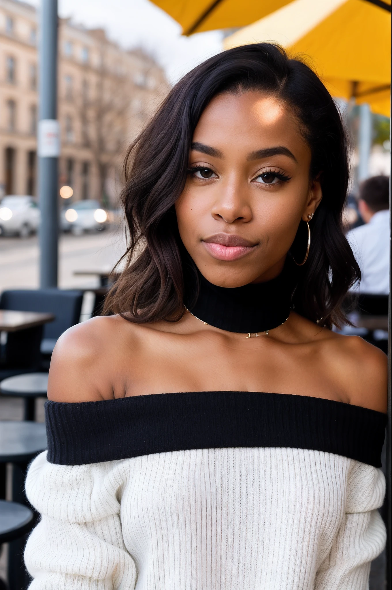 piercing eyes, (breathing mouth:1.3), looking straight, a 20 year old cute black woman, short salon hair, wearing an off-shoulder sweater, choker, closeup portrait, in a outdoor cafe in 2015, afternoon light, [(selena gomez:0.5)|(kristen bell:1.0)]
