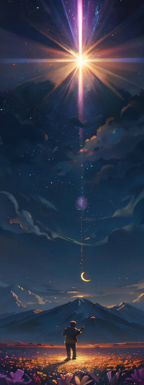 Expansive landscape photograph,(look from down,Above is the sky,Below are open fields),A boy standing on a flower field looking up,(moon full:1.2),(meteors:0.9),(Starcloud:1.3),Far Mountain, Tree BREAK making art,(Warm light source:1.2),(glowworm:1.2),lamp lights,Lots of purple and orange,Complicated details,Volumetric lighting BREAK(tmasterpiece:1.2),(best qualtiy),4k,ultra - detailed,(dynamic compositions:1.4),detail-rich,plethora of colors,(Irridescent color:1.2),(with light glowing,Atmospheric lighting),dream magical,magical,(独奏:1.2