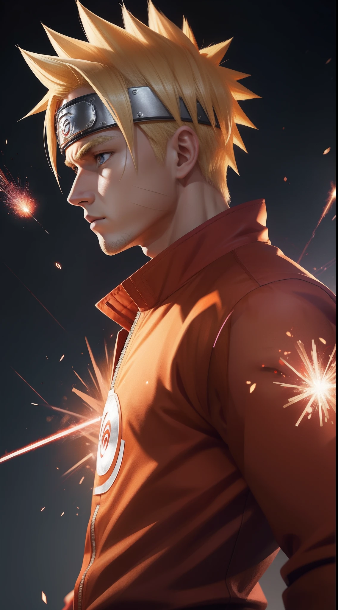 Perfect profile picture, masterpiece, extremely accurate rendering, cool handsome Naruto, blond hair, looking at viewer, solo, reliable, savior of the world, simple design, beautiful visuals best, 8K, light red eyes, original orange clothing style according to the characters in the story, reflecting the red and purple sparks on the chest.