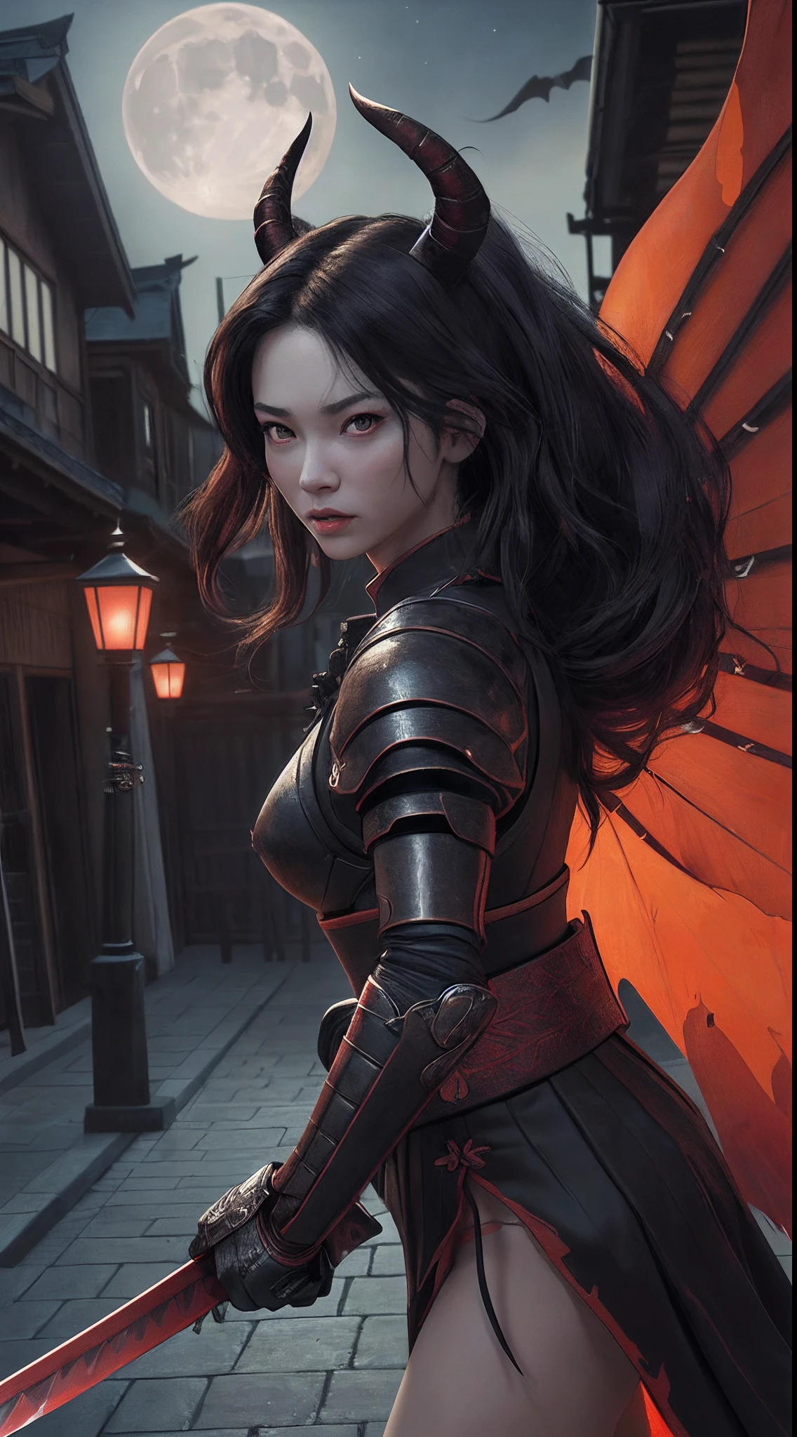 there is a woman samurai facing a red skinned demon in the streets at night. A Japanese woman samurai, a female warrior, ultra detailed face (best details, Masterpiece, best quality: 1.5), pale skin, long hair, black hair, dynamic eyes color, armed with a katana (best details, Masterpiece, best quality: 1.5), shinning sword (best details, Masterpiece, best quality: 1.3) wearing armor. BREAK [and] a [demon] (best details, Masterpiece, best quality: 1.4), red skinned, black eyes, black mane, bat wings, horns, big horns, armed with a long blade covered in flames, covered in red fire. medieval Japanese street (best details, Masterpiece, best quality: 1.4) background, night time, moon light, street lamp light, Ultra-Wide Angle, high detail, award winning, best quality, HD, 16K, 3D rendering, high details, best quality, highres, ultra wide angle, 3D rendering, [[anatomically correct]]