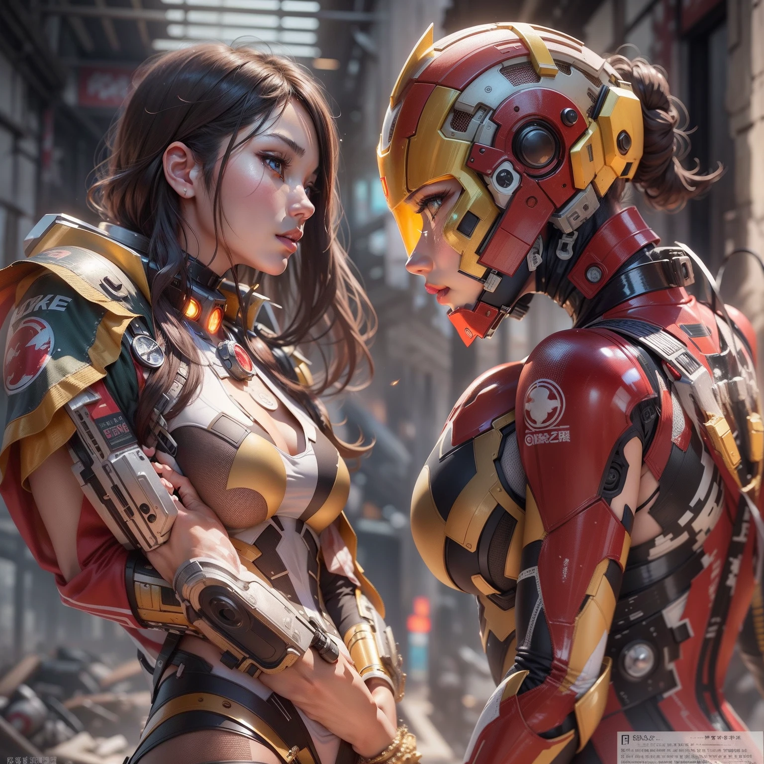 (1girl:1.3), 独奏, __body-parts__, offcial art, 统一 8k 壁纸, ultra - detailed, Beautiful and aesthetic, big breasts beautiful, tmasterpiece, Best quality at best, RAW, tmasterpiece, ultra fine photos, best qualtiy, 超高分辨率, Photoreality, rays of sunshine, full-body portraits, stunningly beautiful, dynamicposes, delicated face, vibrant eyes, (seen from the side), She wears a futuristic Iron Man mech, Red and gold color scheme, very detailed abandoned warehouse background, detailed face with, Detailed and complex busy background, untidy, opulent, milkyW, Highly detailed skin, Realistic details of skin, Visible Pore, tack sharp focus, volume fog, 8k uhd, digital SLR camera, high qulity, filmgrain, White skin of the, photo-realism, lomography, Huge metropolis in a dystopia of the future, look from down, semi transparent