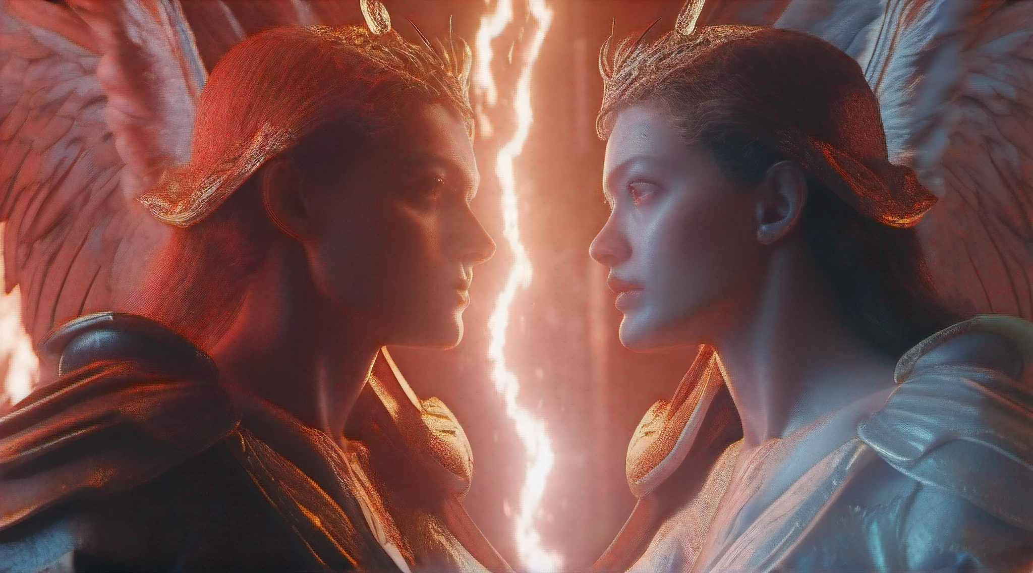 Angels and demons appear at the same time,Don't go to hell,It's about going to heaven,Heaven and hell blinked instantly。Cinematic image effects,angel versus devil,Cinematic image effects,depth of fields,high light,Real light,Ray traching,oc rendered,Hyper-realistic,best qualtiy,8K master works