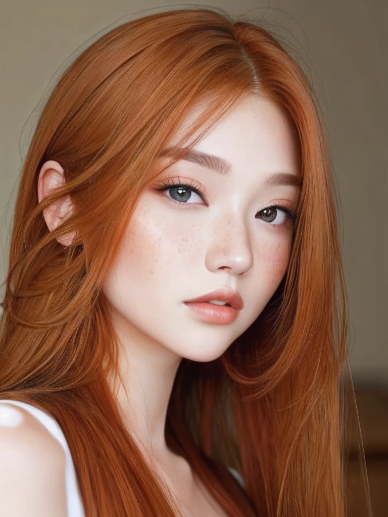 [Asian ginger (ginger straight long hair, freckles, caramel eyes, natural makeup, flawless skin)]