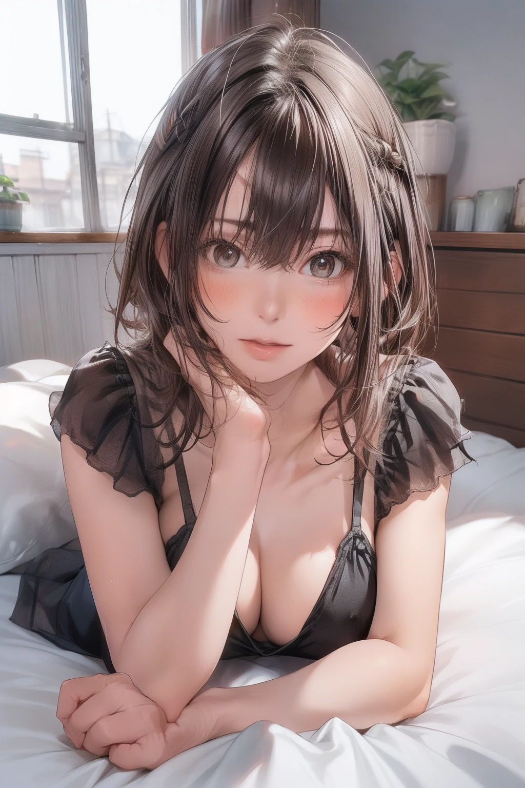 (64k, RAW photo, best quality, masterpiecel1.4), (realistic, photo-realistic:1.37), photo of a Japanese girl in a black((loose)camisole), Natural(mediuml breasts:1.35), (micro:1.4)lace panties, looking away, (kpop idol), ((lying on the bed)), lying, messy hair, medium hair, (pink blush), (lighting), [[open legs, spread legs]], (solo), dynamic pose, ((erectnipples)), (female pubic-hair), (puffy eyes:1.3), (slim legs), HDR, highly detailed, ambient occlusion, natural, harmonious composition, fine art photography,