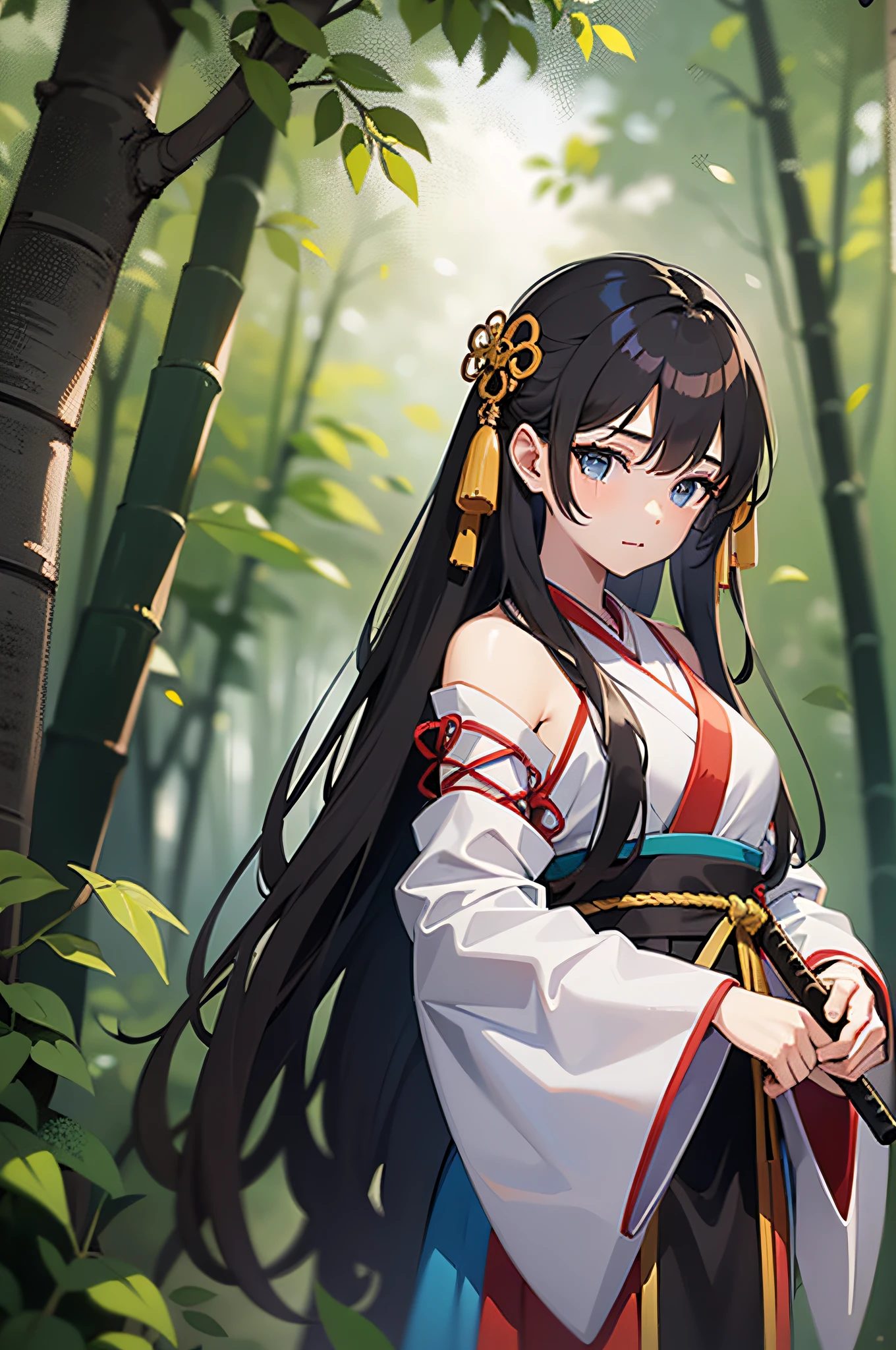 A young girl in Hanfu, Walk alone in the bamboo forest, Holding a long sword, Heroic and refreshing, Close-up，8K, Hyper-detailing,