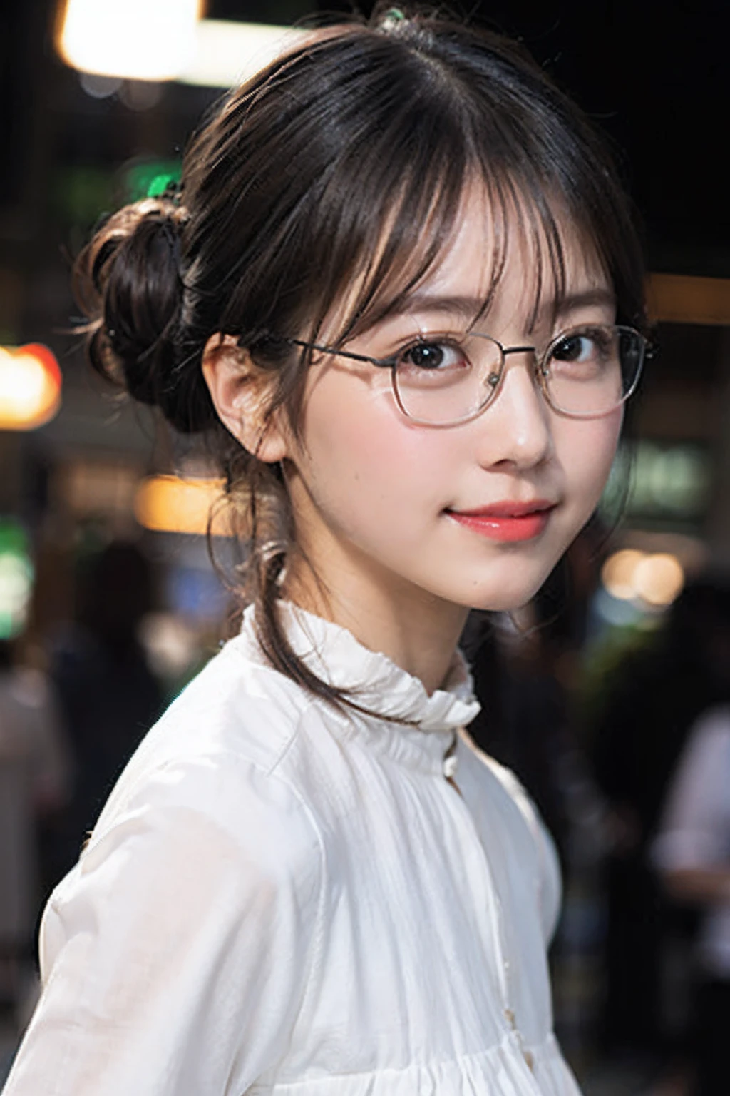 (8K、Raw photography、top-quality、masterpiece:1.2)、(realisitic、Photorealsitic:1.37)、ultra-detailliert、超A high resolution、女の子1人、see the beholder、beautifull detailed face、A smile、Constriction、(Slim waist) :1.3)、((White blouse clothes))、Beautiful detailed skin、Skin Texture、Floating hair、((Hair bunched into one))、Professional Lighting、In front of the station at noon、((Black square glasses))、Whole human body、Brown hair