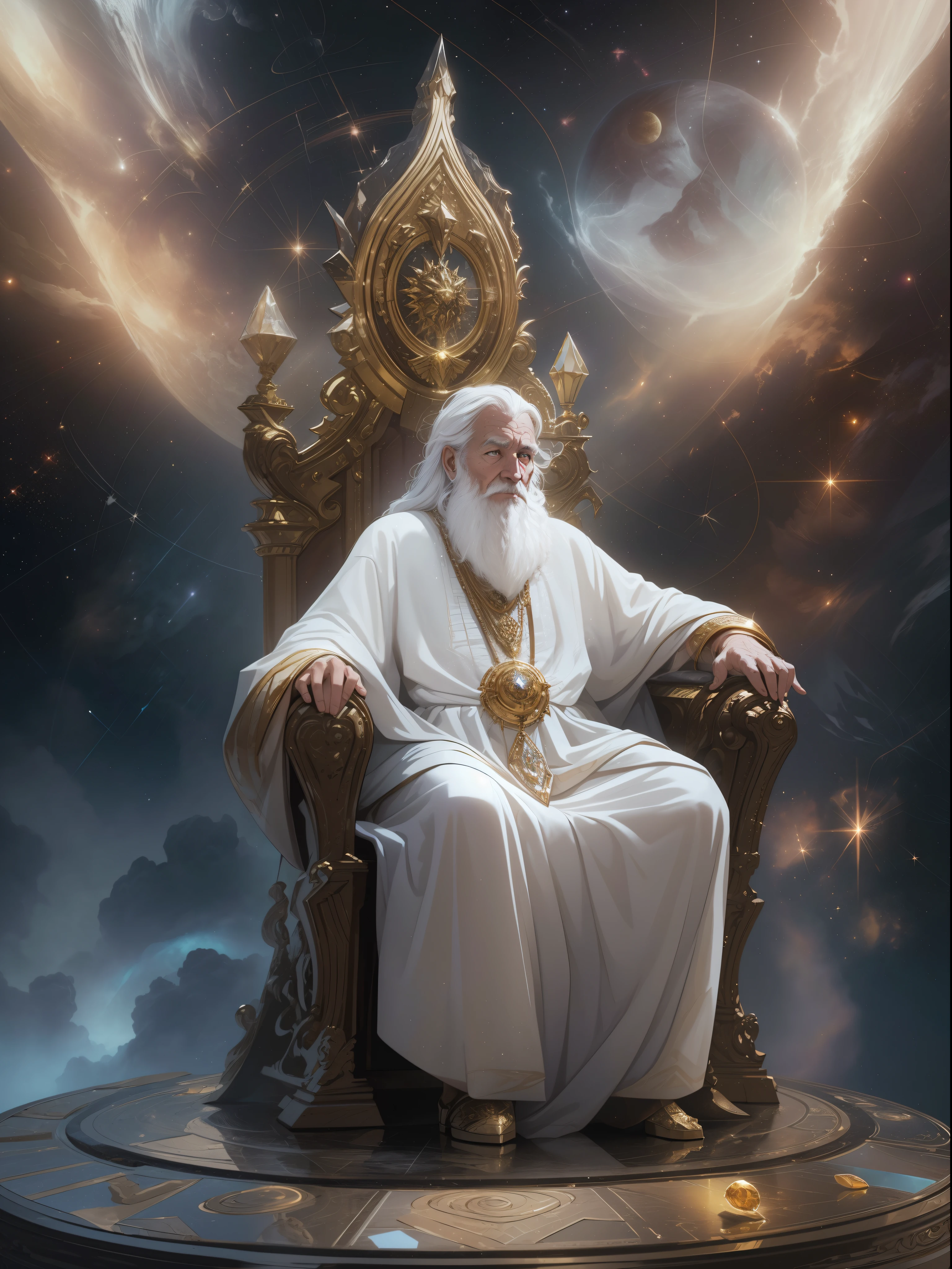 super high resolution, best quality, photo, 16k, (photorealistic: 1.2), cinematic lighting, An old man in the shape of a mythical god. Depict the god holding the sun and moon, enveloped by a radiant aura. Seat them on a magnificent throne within a cosmic backdrop, in bright white cloaks floating on the crystal throne, floating on crystal clouds, surrounded by the splendors of the universe. Pay meticulous attention to stunning details and achieve a resolution of 64K for an immersive and realistic visual experience. Let your work capture the essence of myth and wonder, leaving viewers in awe of its beauty and power.