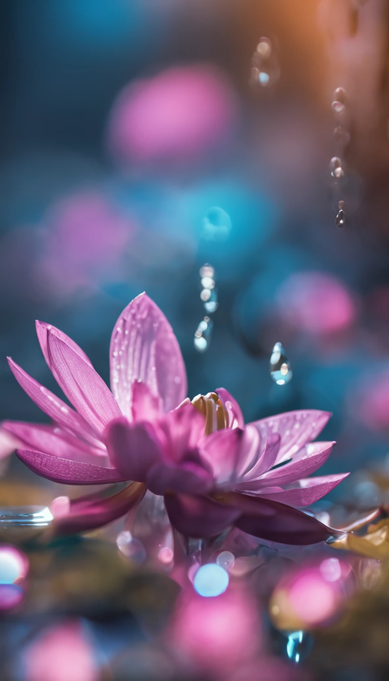 microcosm , Masterpiece , macro photography , cobweb, filmgrain, Bokeh , Smoke , Highly detailed, Sunny Sunny weather, Microflower, The drops, bblurry, Close-up of 1 realistic lotus room:1.5, Azure background, subdued contrasts, rendering by octane , illusory engine