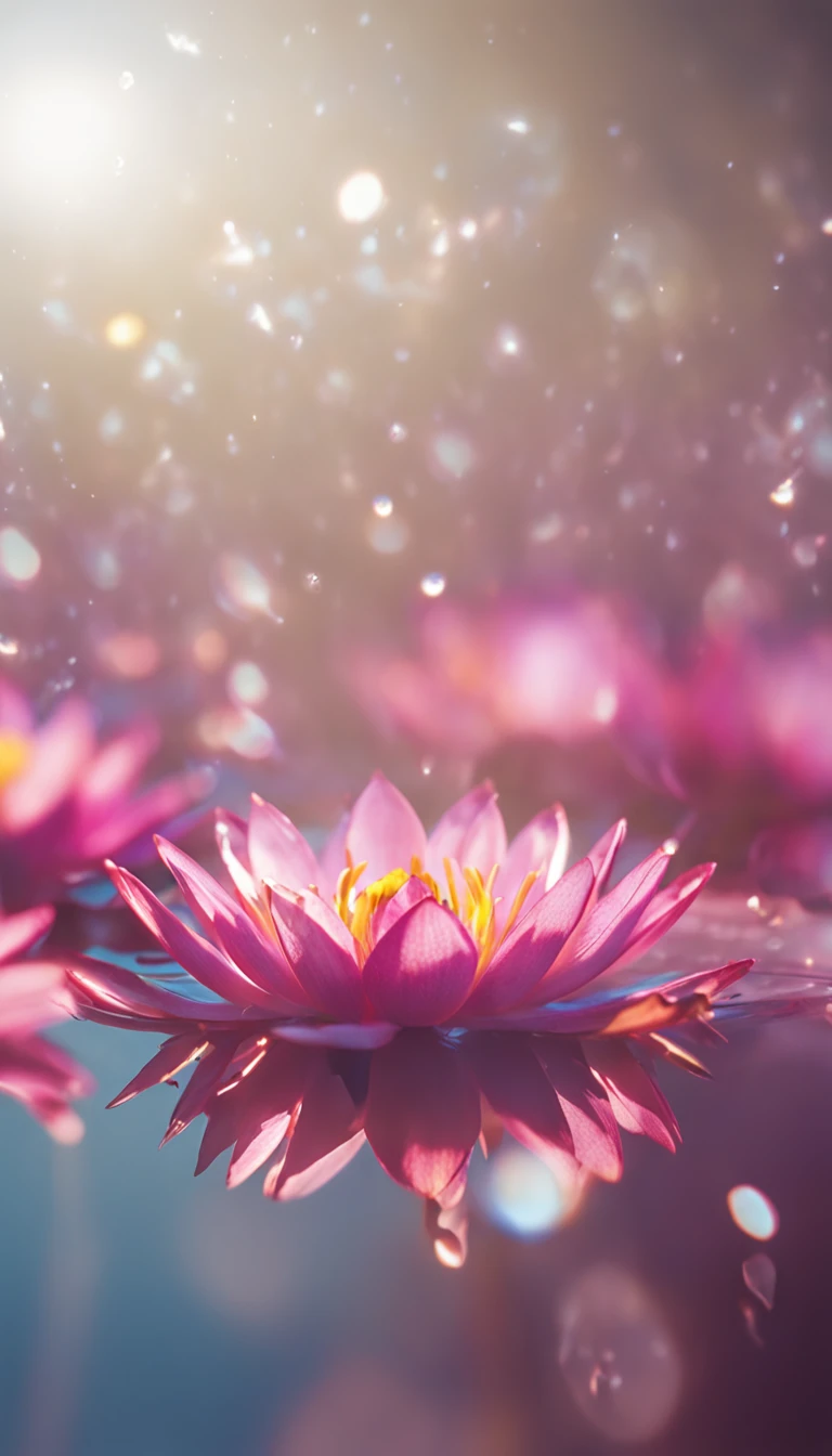 microcosm , Masterpiece , macro photography , cobweb, filmgrain, Bokeh , Smoke , Highly detailed, Sunny Sunny weather, Microflower, The drops, bblurry, Close-up of 1 realistic lotus room:1.5, Azure background, subdued contrasts, rendering by octane , illusory engine