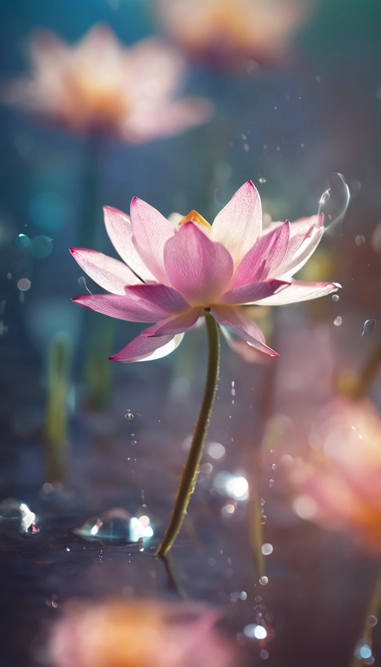 microcosm , Masterpiece , macro photography , cobweb, filmgrain, Bokeh , Smoke , Highly detailed, Sunny Sunny weather, Microflower, The drops, bblurry, Close-up of 1 realistic lotus room:1.5, Azure background, subdued contrasts, rendering by octane , illusory engine