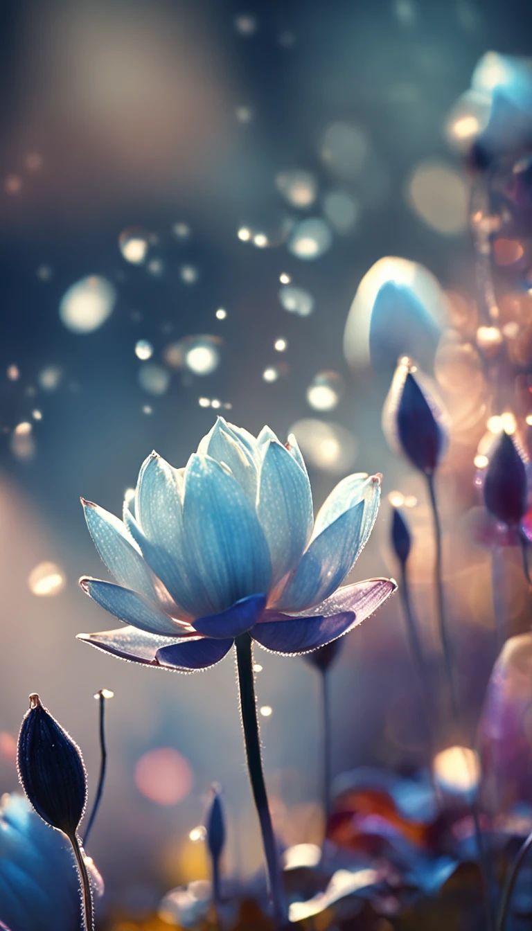 microcosm , Masterpiece , macro photography , cobweb, filmgrain, Bokeh , Smoke , Highly detailed, Sunny Sunny weather, Microflower, The drops, bblurry, Close-up of 1 realistic lotus room：1.5, Azure background, subdued contrasts, rendering by octane , illusory engine