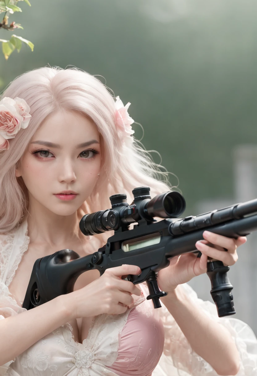 A beautiful sniper with a scope aims at the roof of a building with a sniper rifle equipped with a scope,Golden ratio,Chinese big breasts,s girl,The skin is white and rounded,Youthful、Pink lingerie,A short skirt with white floral flowers、Open navel、long whitr hair、Tall guy、Large sniper rifle equipped with a sniper sight and silencer、Black Hair Color,full bodyesbian、photorealestic、skin highlights,with tattoos、largeeyes、perfect anatomia