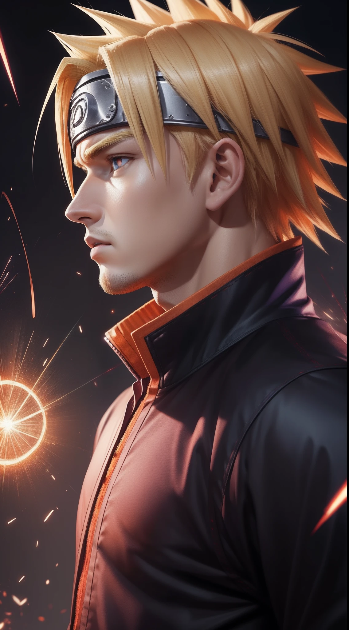 Perfect profile picture, masterpiece, extremely accurate rendering, cool handsome Naruto, blond hair, looking at viewer, solo, reliable, savior of the world, simple design, beautiful visuals best, 8K, light red eyes, original orange clothing style according to the characters in the story, reflecting the red and purple sparks on the chest.