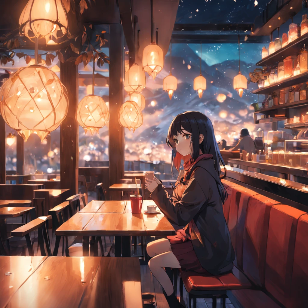 A beautiful woman chilling at the cafe, warm and cozy ambience,
