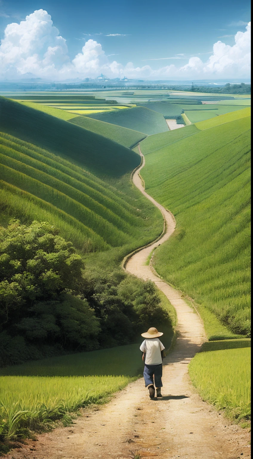 An old farmer carrying a flat burden, walking on the winding path of the countryside, big clouds, blue sky, rice fields, neat rice seedlings in the field, forest, hillside, secluded, countryside, HD detail, hyper-detail, cinematic, surrealism, soft light, deep field focus bokeh, ray tracing and surrealism. --v6