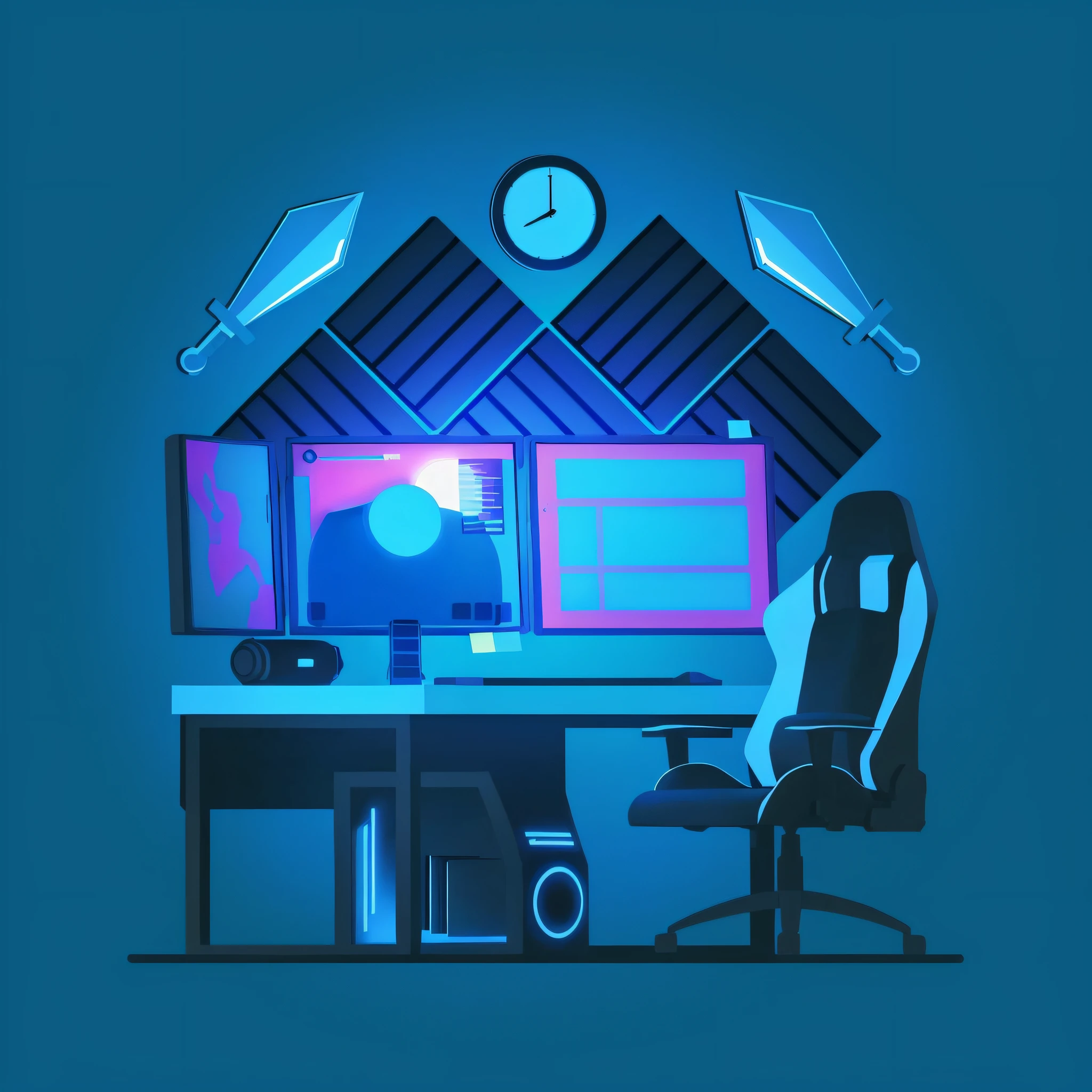 There is a computer desk with a chair and a clock, gamer screen on metallic desk, sala de jogos, detailed 2d illustration, Digital Art Station, dark setup, estilo de jogo interno, jogos, fundo do quarto pessoal, quarto adolescente cyberpunk, arte de jogos de computador, Computadores para jogos, fundo futurista do quarto, stylized digital illustration, digital concept art illustration