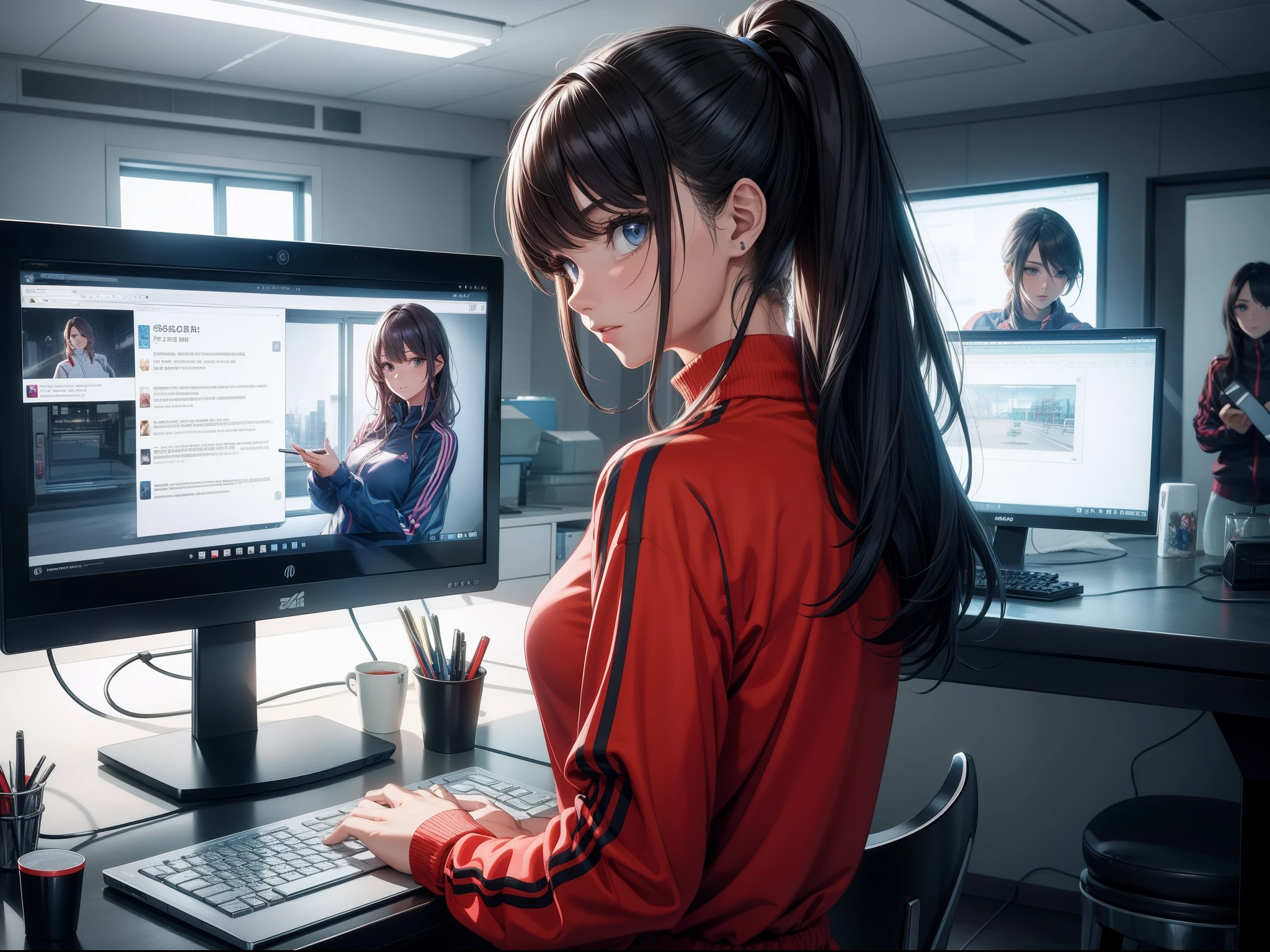 Best quality，tmasterpiece，Beutiful women，track suit，Looking at the PC，There is a person on the computer screen，Modern room，