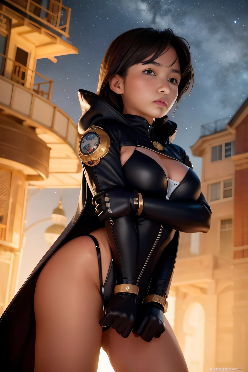 1 girl, young, 16 year old, Asian girl, full body from head to toe, realistic, realistic face, realistic eyes, worried, looks over her shoulder, side lighting, wallpaper, looks at viewer, futuristic steampunk buildings in background, long cape and sleeveless hood, cut out front of one piece swimsuit, ground earth, outdoors, hold steampunk sword in left hand, fly in the sky with steampunk jet pack, dragon logo, two moons in the starry sky,
