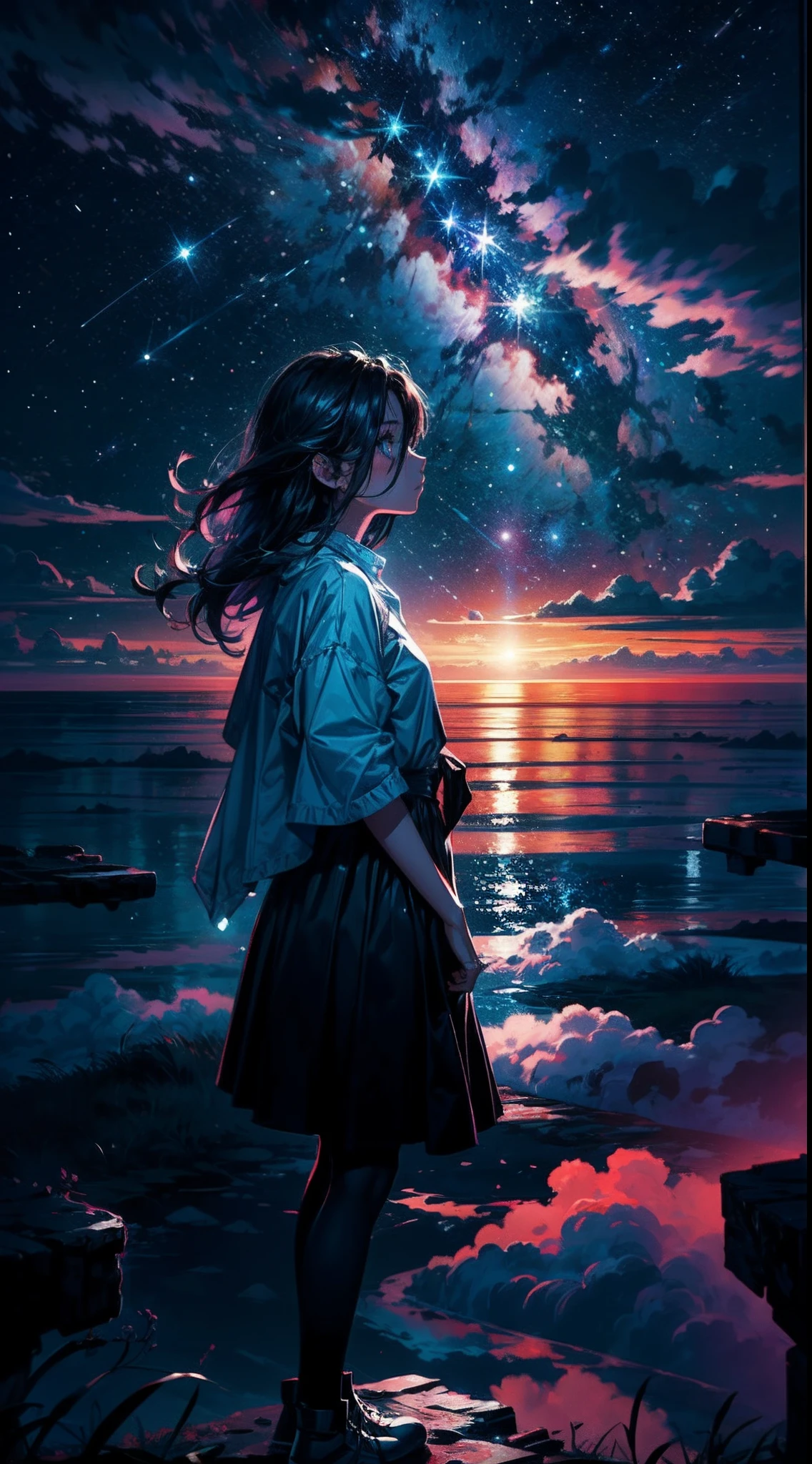 Perched upon a wispy cloud, a young girl gazes in awe at the breathtaking expanse above. The night sky comes alive with a sea of stars, twinkling like diamonds scattered across a velvet canvas. Cosmic phenomenons swirl and dance, painting streaks of vibrant colors across the vastness of space. With her hair gently tousled by the celestial breeze, the girl's silhouette stands as a witness to the beauty of the universe. Serene and filled with wonder, she becomes a part of this cosmic symphony, her presence illuminating the infinite possibilities that lie beyond the clouds.