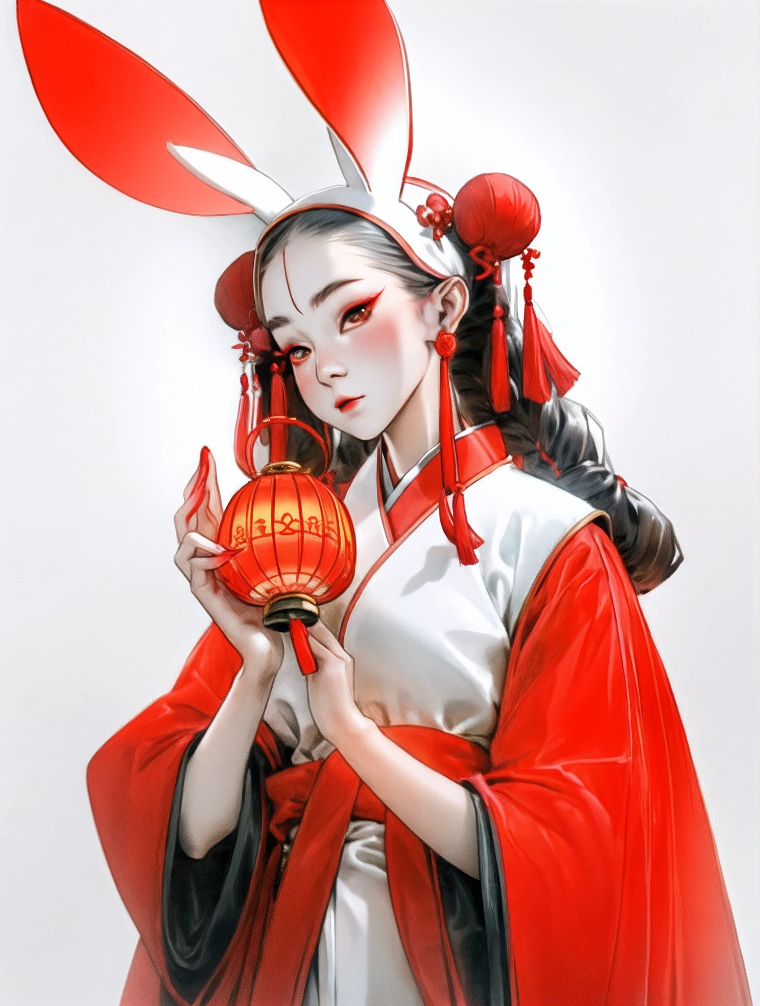 A Chinese style rabbit girl wearing a new Chinese Hanfu，Holding a rabbit lantern，Red，There are exquisite embroideries on the clothes