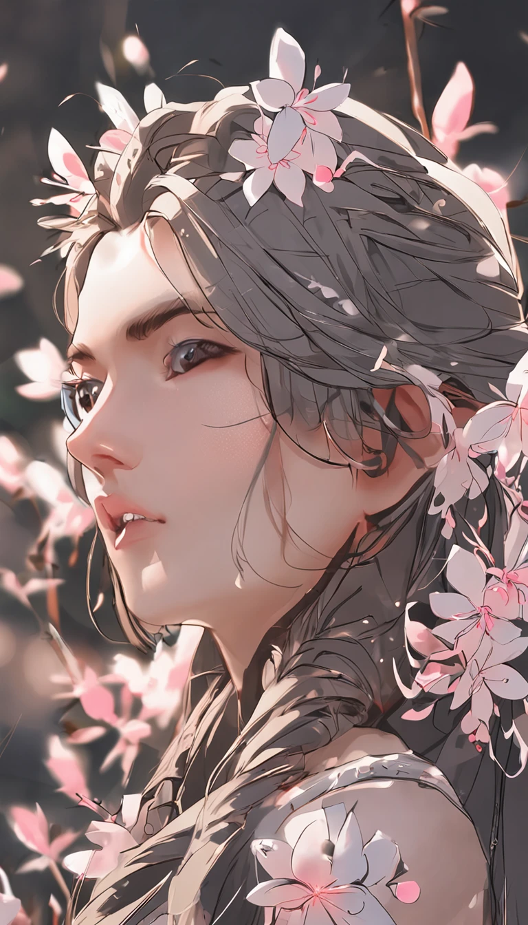 Danfeng Olhos,Bushido,a parte superior do corpo,Cabelo enrolado preto,Pinos de cabelo simples,olhos frios,pessoa solo,ortofacial,Fachada,peach blossom background,cores altamente saturadas,hiper real,8k high-definition,segurando uma espada longa,absolutamente lindo,Luz alta,infinidade de cores