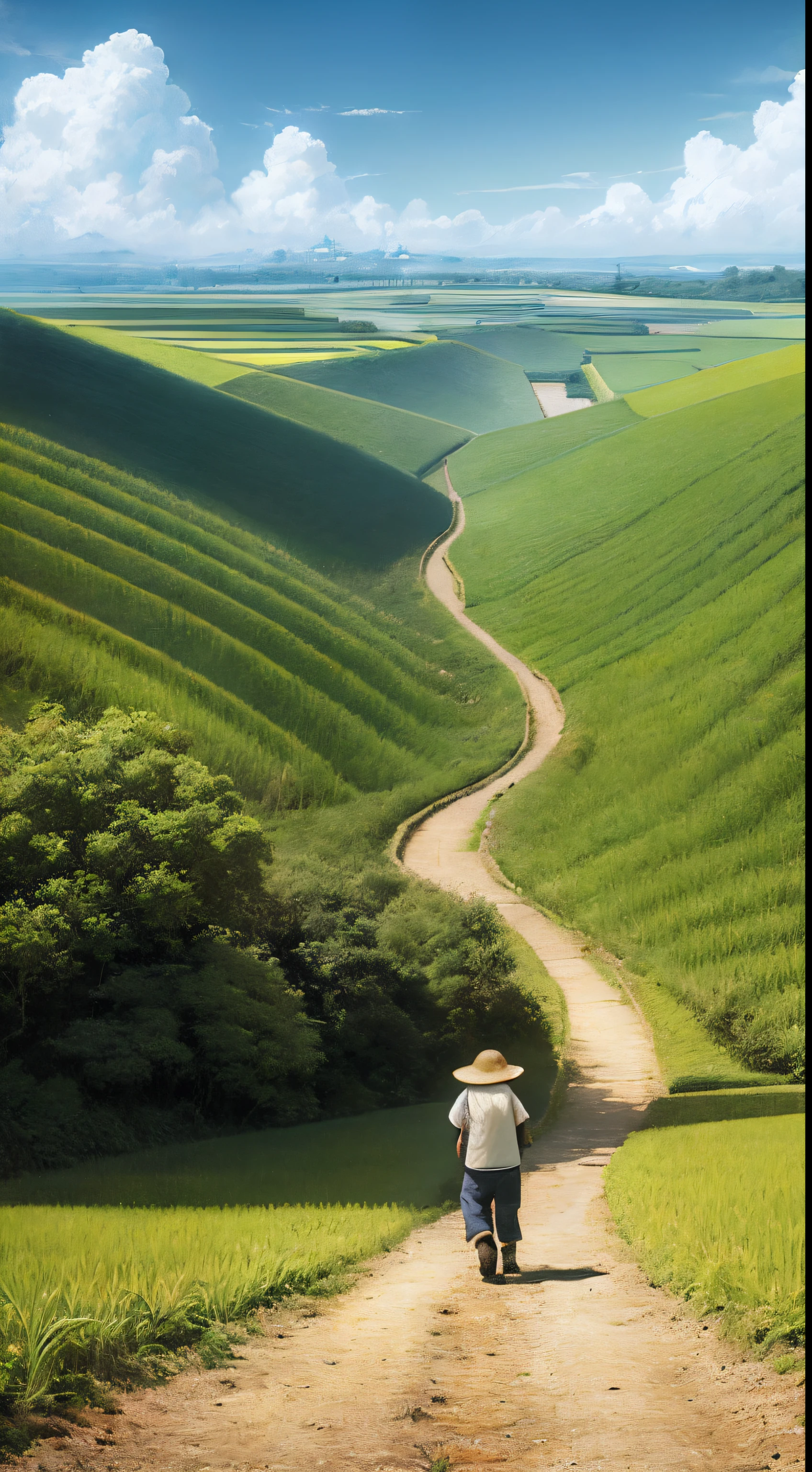 An old farmer carrying a flat burden, walking on the winding path of the countryside, big clouds, blue sky, rice fields, neat rice seedlings in the field, forest, hillside, secluded, countryside, HD detail, hyper-detail, cinematic, surrealism, soft light, deep field focus bokeh, ray tracing and surrealism. --v6