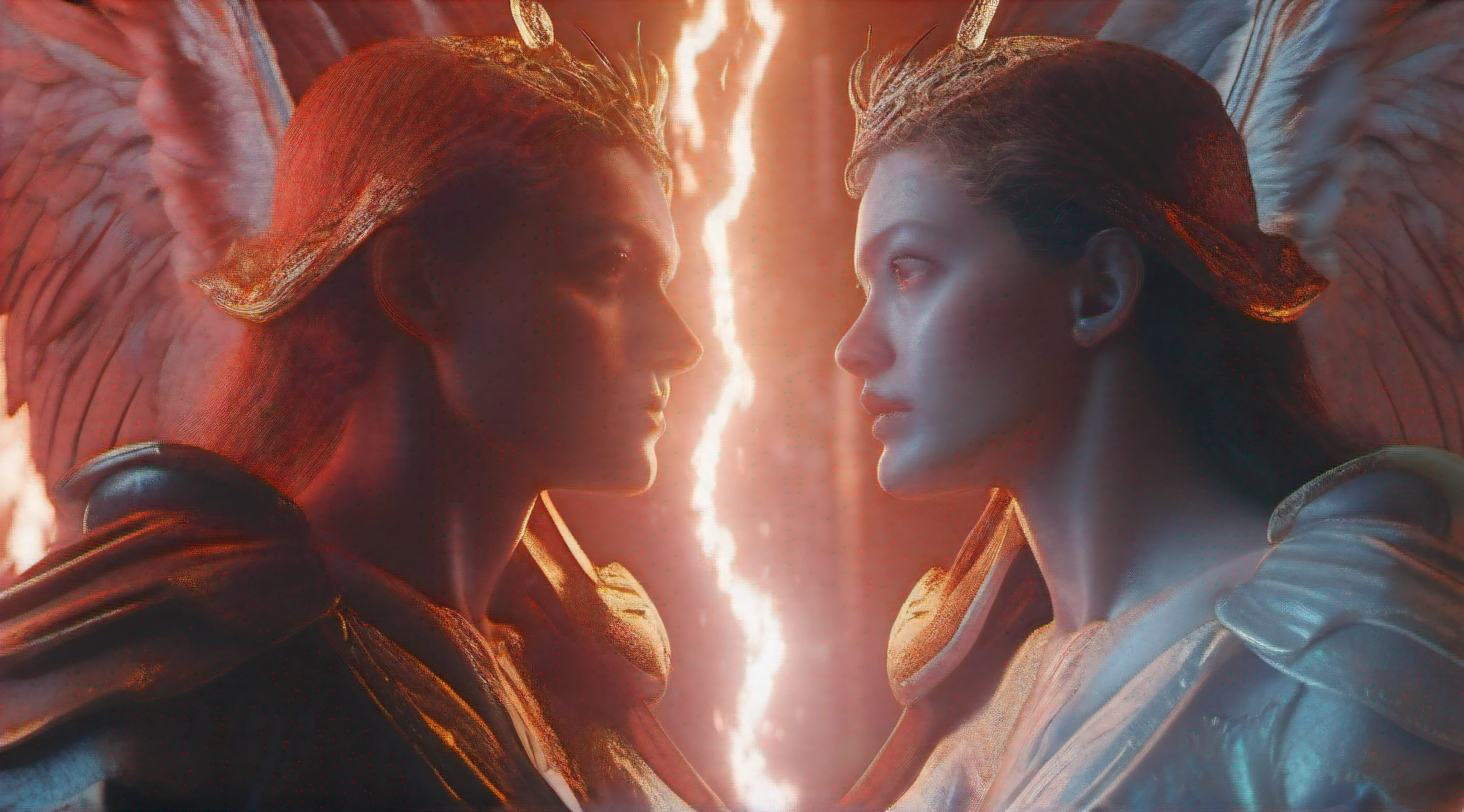 Angels and demons appear at the same time,Don't go to hell,It's about going to heaven,Heaven and hell blinked instantly。Cinematic image effects,angel versus devil,Cinematic image effects,depth of fields,high light,Real light,Ray traching,oc rendered,Hyper-realistic,best qualtiy,8K master works
