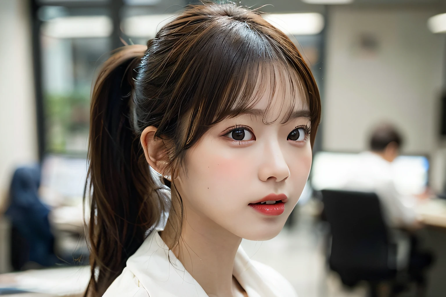 8K, Best Quality, Masterpiece, Ultra High Definition, (Photorealistic: 1.4), Raw Photography, Realistic Skin Texture, (Film Grain: 1.3), 1girl, Beautiful Detailed Eyes and Face, Masterpiece, Best Quality, Japan Idol, Fair Skin, Natural Blurred Background, Close Up, Selfie, Big, Front Photo, Ponytail Hairstyle, Tongue Out, Office Lady, Side Angle