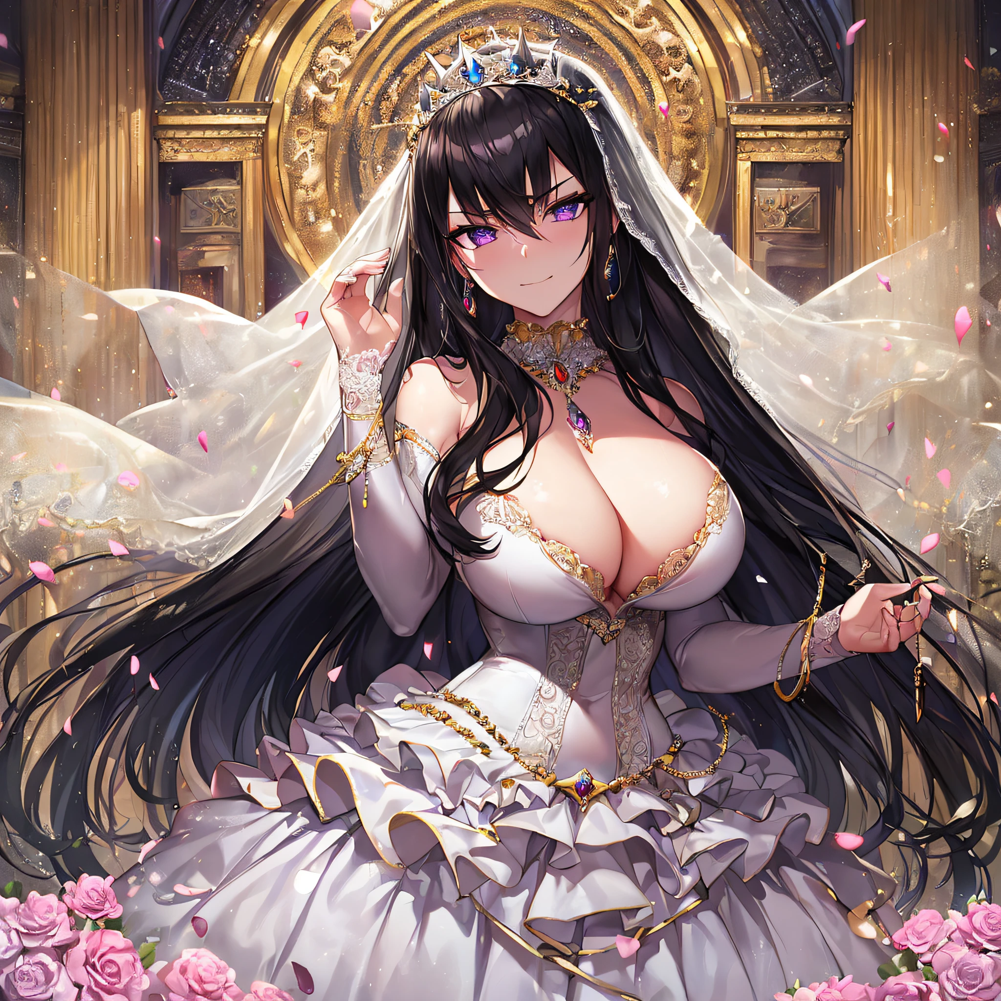 ((anime artstyle)),Masterpiece,Best Quality,Super Detail,Very Delicate and Beautiful,Solo,((full body)),(((1 arrogant queen wearing gorgeous white ballgown wedding dress with voluminous crinoline hoop skirt))),gorgeous embroidery and beautiful lace,((very gigantic boobs,cleavage,skindentation)),jewel-like eyes,((haughty smile)),(((arrogant facial expression,haughty facial expression))),Sharp eyes,Purple eyes,(Beautiful detailed face and eyes),((shiny hair,Bangs between eyes,voluminous straight hair,extremely Long straight Hair)),black hair,luxury hair ornament,extremely gorgeousfull jeweled tiara,long train,((bling-bling gorgeous gemstone jewelry)),long wedding veil,full body,standing in the sacred cathedral,white lily flowers,flower petals flowing,light particles,Sacred Light,((gorgeous white ballgown wedding dress with voluminous crinoline hoop skirt))