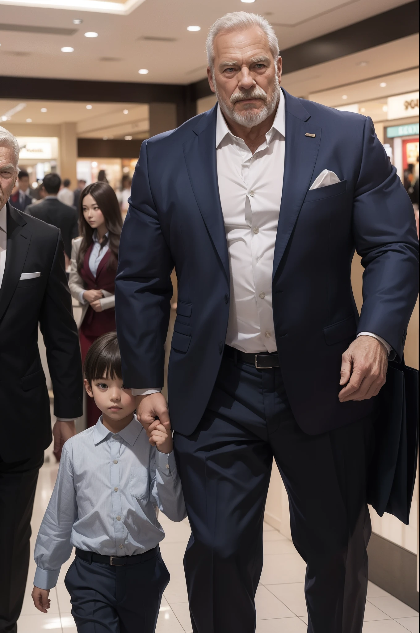 ((1boy)a huge muscular old man wearing armor) in a mall with ((1girl) a women wearing suits) buying a shirt