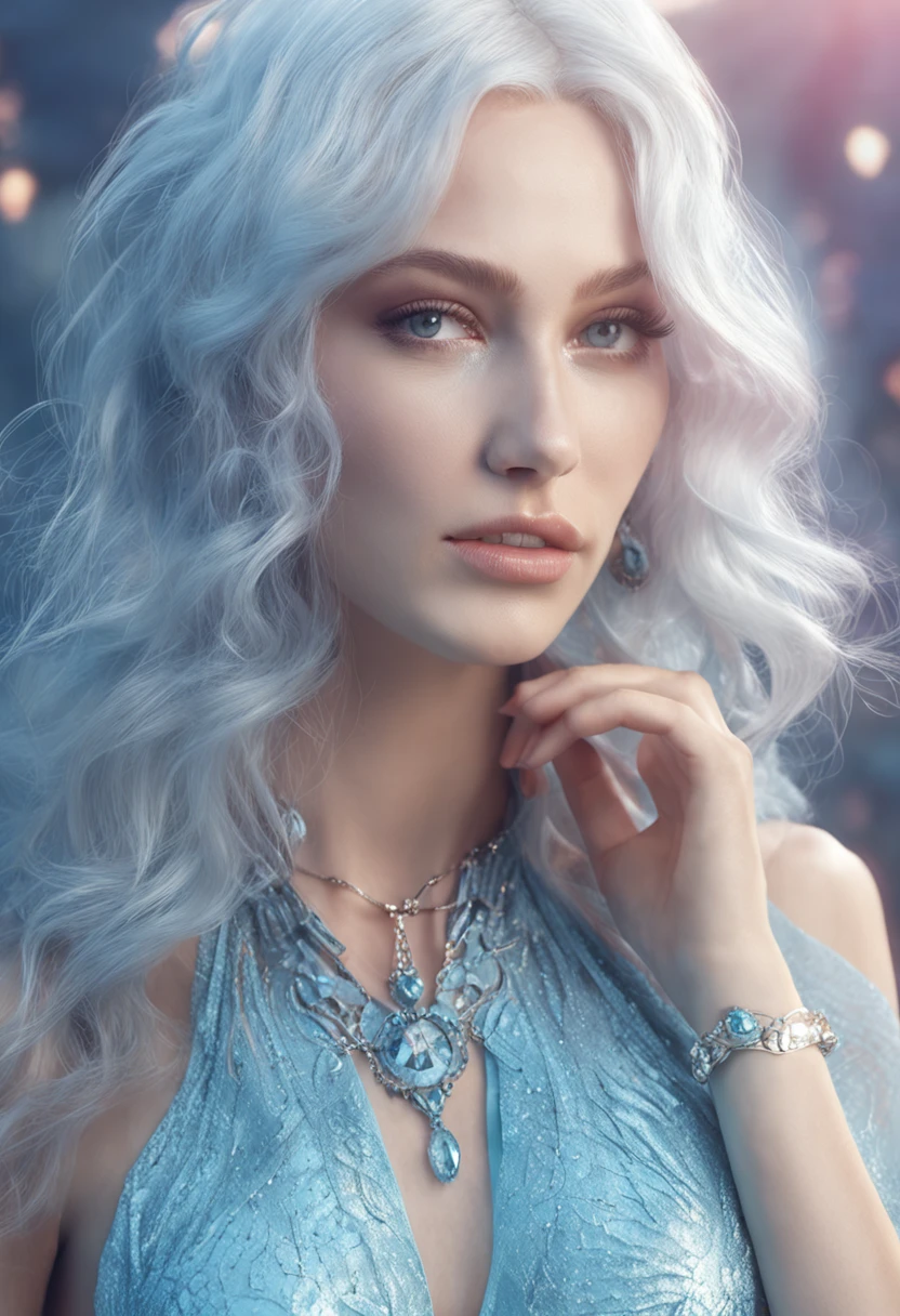 ultra detailed beautiful woman, 25 years-old woman, stunningly beautiful, stylish light blue hair, light blue dress, light blue eyes, her whole head is visible with hair, light blue jewel necklace, earrings, light blue eyeshadow visible on her eyelids and eyeliner on her eyes, very long eyelashes, stuningly beautiful face, focus on face, holographic, light particles, ultra detailed illustration, hit definition, very bold and vivid colors, 32k resolution, best quality, volumetric lighting, “best quality”, “masterpiece", half of her body is visible, top of her dress is visible, ultra realistic, high-quality detail