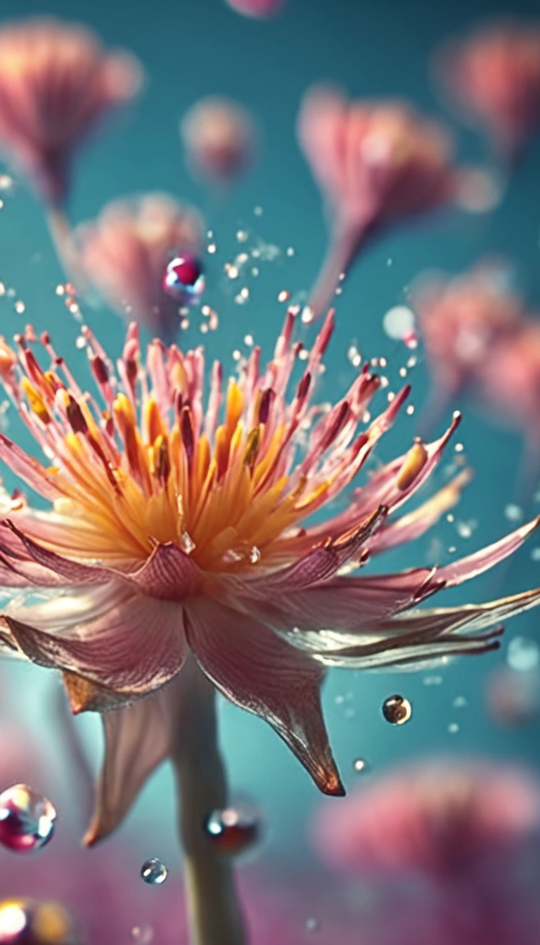 microcosm , Masterpiece , macro photography , cobweb, filmgrain, Bokeh , Smoke , Highly detailed, Sunny Sunny weather, Microflower, The drops, bblurry, 1 realistic close-up of the lotus room:1.5, Azure background, subdued contrasts, rendering by octane , illusory engine