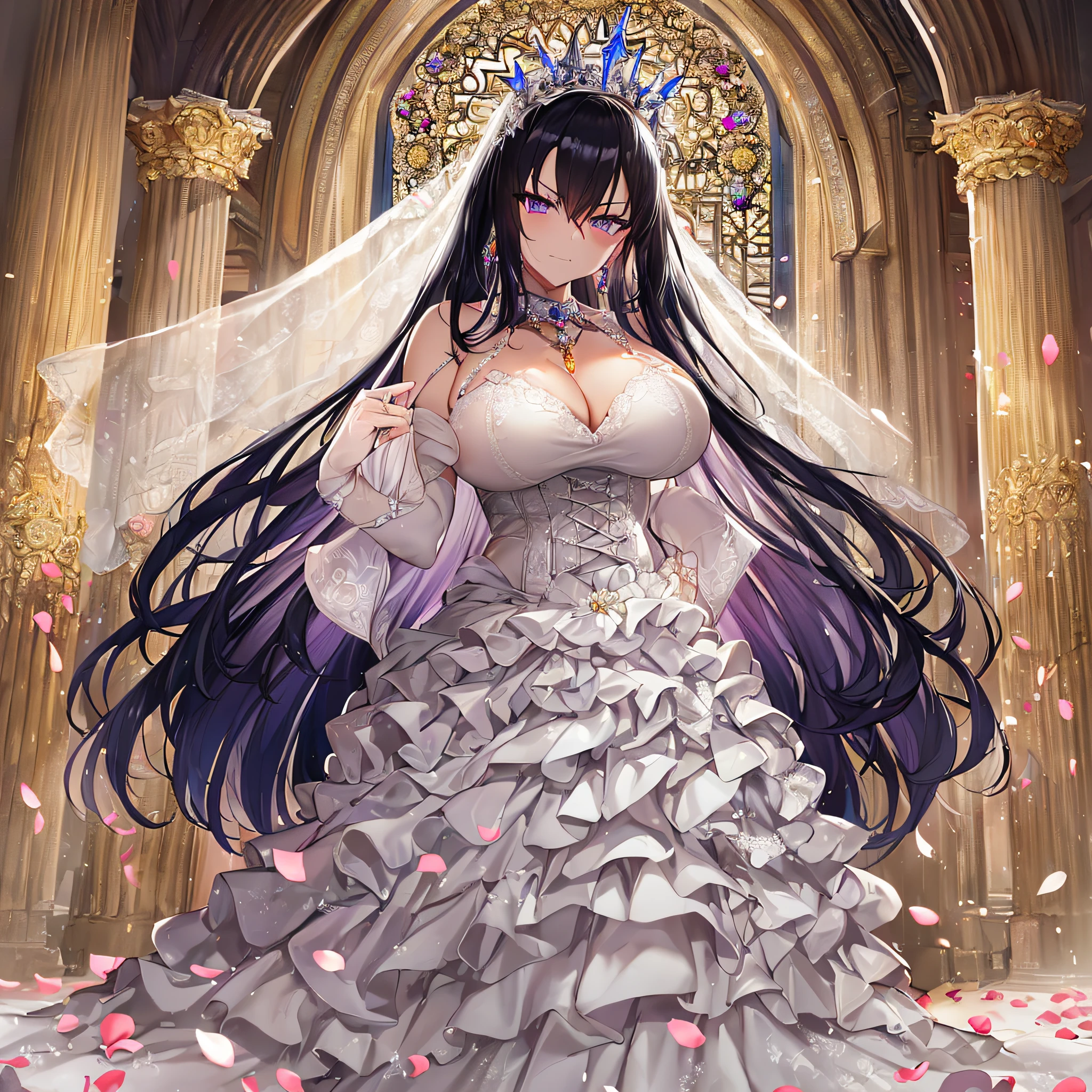 ((anime artstyle)),Masterpiece,Best Quality,Super Detail,Very Delicate and Beautiful,Solo,((full body)),(((1 arrogant queen wearing gorgeous white ballgown wedding dress with voluminous crinoline hoop skirt))),gorgeous embroidery and beautiful lace,((very gigantic boobs,cleavage,skindentation)),jewel-like eyes,((haughty smile)),(((arrogant facial expression,haughty facial expression))),Sharp eyes,Purple eyes,(Beautiful detailed face and eyes),((shiny hair,Bangs between eyes,voluminous straight hair,extremely Long straight Hair)),black hair,luxury hair ornament,extremely gorgeousfull jeweled tiara,long train,((bling-bling gorgeous gemstone jewelry)),long wedding veil,full body,standing in the sacred cathedral,white lily flowers,flower petals flowing,light particles,Sacred Light,((gorgeous white ballgown wedding dress with voluminous crinoline hoop skirt))