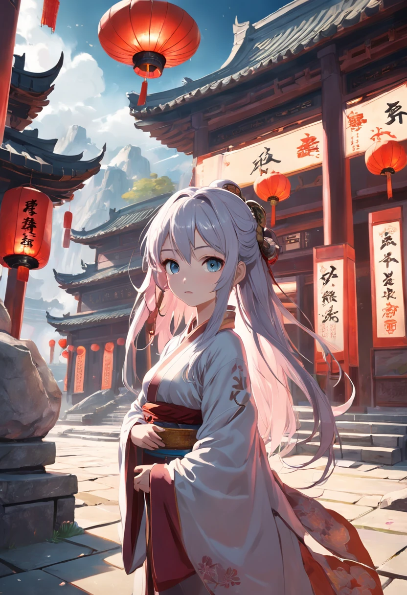 SLG Game Building、Ancient China、Japan city、KTV nightclub"(Masterpiece), Incredibly detailed, illusory engine, 4K, A lonely girl exploring a bustling cityscape."stone monument
