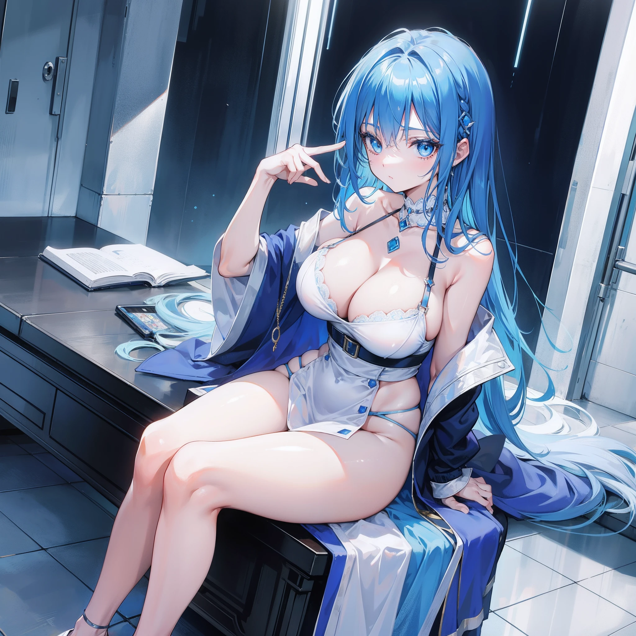 Lori huge breasts cleavage,petite,bare-legged,Sit on your knees,blue hair,sapphire blue eyes,adolable,a mosaic