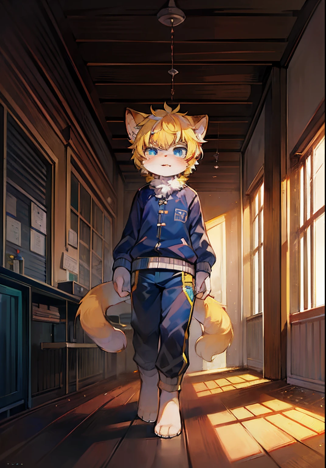 (ambiente dark:0.8),masterpiece,high quality,abstract res,digital painting\(artwork\), by dagasi, yupa,kiyosan,(anthro,fluffy fur,character focus:1.1),anthro male cat,short hair,portrait , eyes with brightness, in a panoramic view, Character focus.(detailedbackground:0.7), 独奏, shaggy, shaggy male, malefocus, anthr,(Full Body Furry, Fluffy tail, Yellow fur, blue color eyes, Yellow hair:1.2), (felid、校服：1.2），（interiors、In the daytime、schools、playground：1.1）