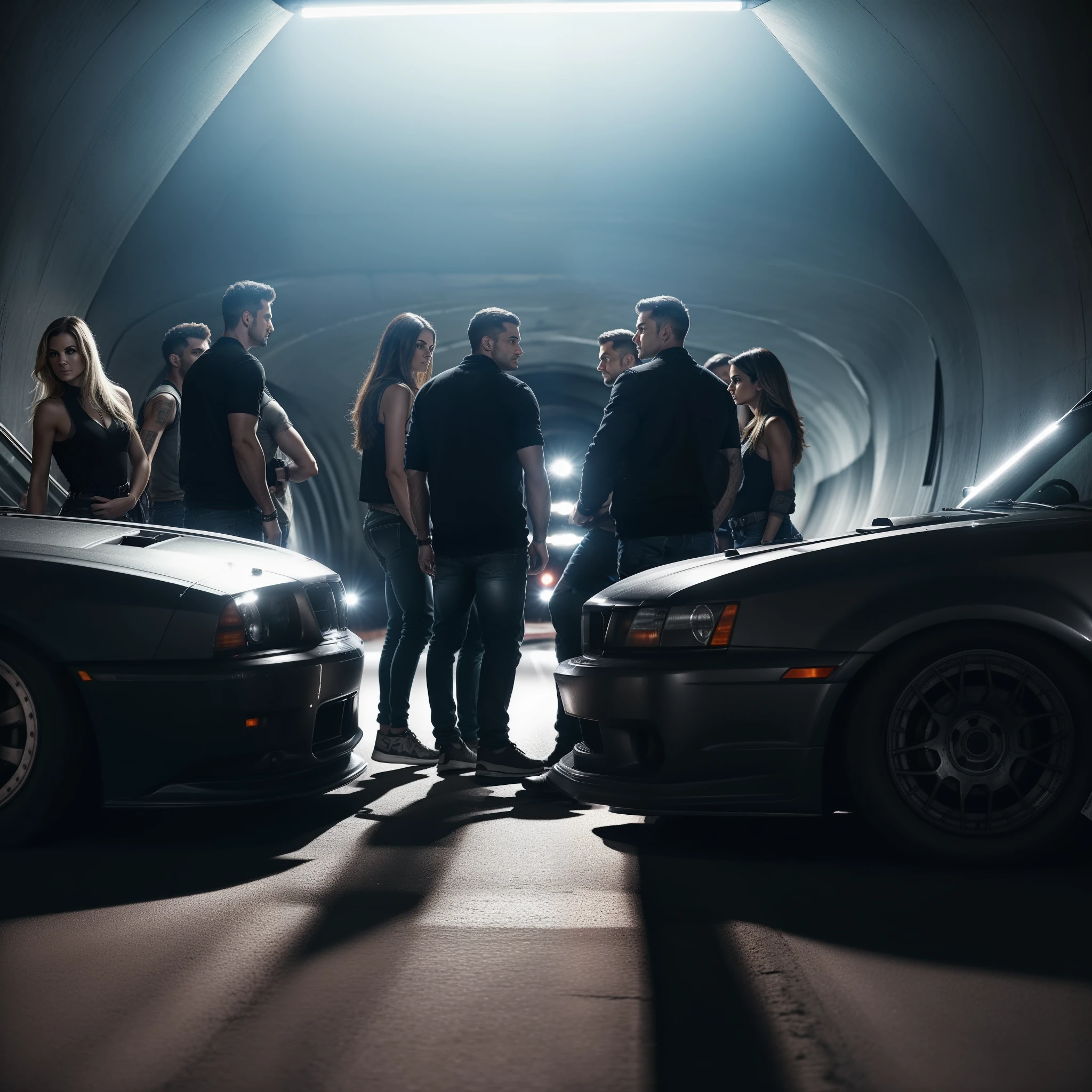 group of people finding cars in a tunnel, Underground, with an impressive cinematic style, in a street encounter full of modified cars, tuned, with ultra detailed details. Introduce an inspiring woman and charismatic men.