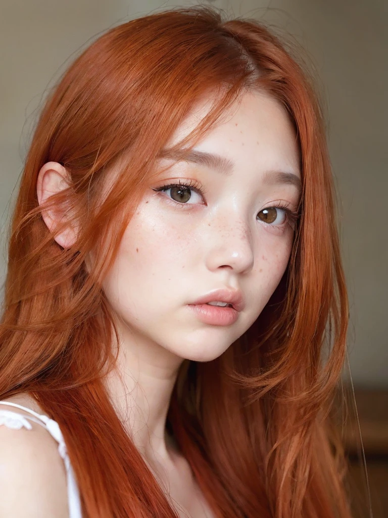 a close up of a woman with long red hair and freckled hair, beautiful south korean woman, popular korean makeup, light red hair, korean girl, popular south korean makeup, beautiful asian girl, beautiful young korean woman, gorgeous young korean woman, ginger hair with freckles, flowing ginger hair, red hair and attractive features, copper hair, she has long redorange hair