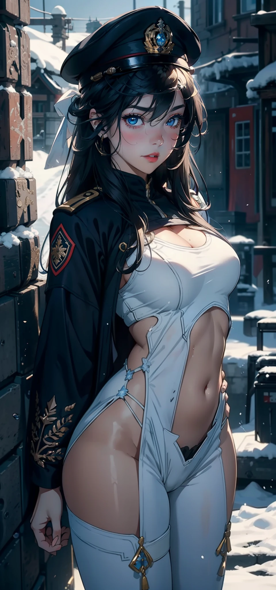 1womanl,3 year old girl,Small loli,smallunderboob, big breasts thin waist,long leges,Raised sexy,Pornographic exposure, 独奏,Beauty contests,standing on your feet(Background with:the sea,snow mountains,warships,at winter season,Blizzarding,Big snowflakes)On warships, with his long black hair,Long hair flutters in the wind,dynamicposes,Sweat profusely,drenched all over the body,seen from the front, hair straight, mostly cloudy sky,(((tmasterpiece),(Very detailed CG unity 8K wallpaper),best qualtiy,cinmatic lighting,detailed back ground,beatiful detailed eyes,Bright pupils,(Very fine and beautiful),(Beautiful and detailed eye description),Blue eyes,Redlip,ultra - detailed,tmasterpiece,)),facing at camera,(The upper part of the body),A high resolution,ultra - detailed),revealing breasts,Bare genitalia, Bulge,legs are open,sexyposture,Camel toes,Flushed complexion,Open-mouthed,frontage,British officer,Officer's cap,elementary student(Wearing:White cloak,down jacket,White winter officer uniform,Sexy leggings,Armour,Gold wire embroidery,Snowflake decoration)
