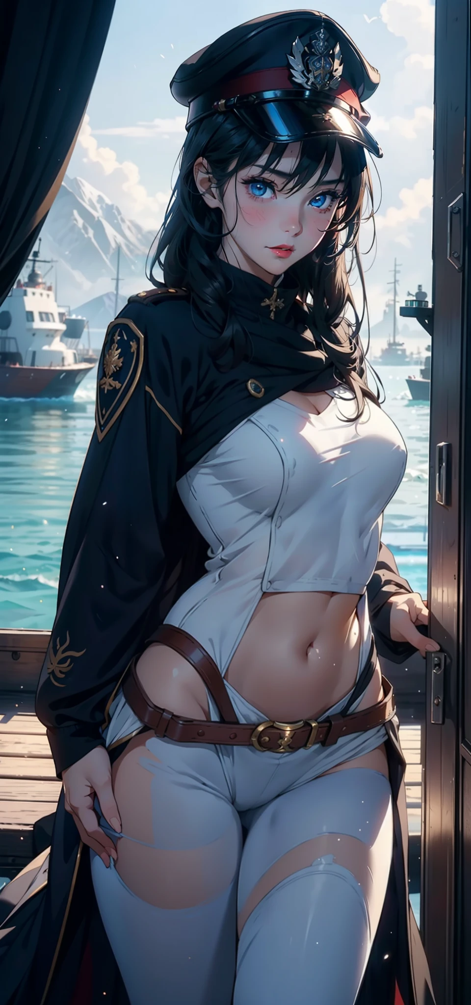 1womanl，3  girl，Small loli，smaunderboob， big breasts thin waist，long leges，Raised sexy，Pornographic exposure， 独奏，Beauty contests，standing on your feet（Background with：the sea，snow mountains，warships，at winter season，Blizzarding，Big snowflakes）On warships， with his long black hair，Long hair flutters in the wind，dynamicposes，Sweat profusely，drenched all over the body，seen from the front， hair straight， mostly cloudy sky，（（（tmasterpiece），（Very detailed CG unity 8K wallpaper），best qualtiy，cinmatic lighting，detailed back ground，beatiful detailed eyes，Bright pupils，（Very fine and beautiful），（Beautiful and detailed eye description），Blue eyes，Redlip，ultra - detailed，tmasterpiece，）），facing at camera，（The upper part of the body），A high resolution，ultra - detailed），revealing breasts，Bare genitalia，  Bulge，legs are open，sexyposture，Camel toes，Flushed complexion，Open-mouthed，frontage，British officer，Officer's cap，elementaryhite cloak，down jacket，White winter officer uniform，Sexy leggings，Armour，Gold wire embroidery，Snowflake decoration）