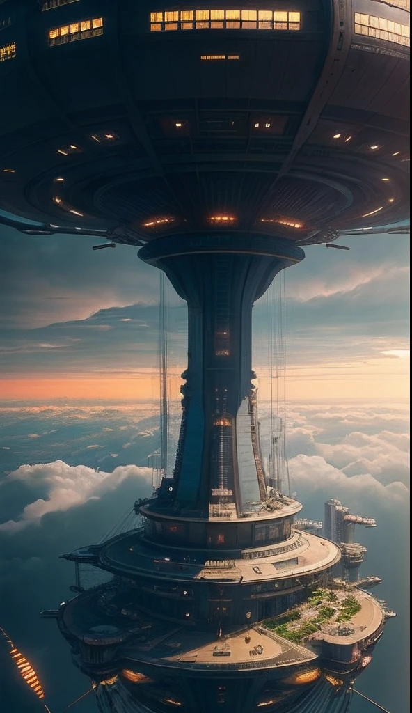 Look down from above,((Masterpiece)),((Best quality)),((High- sharpness)),((Photorealsitic)),((of a real)),The city of the future in the industrial age,the street,steampunc,sci-fi building,Clouds,spaceship,Large depth of field in the middle,Close up views on both sides