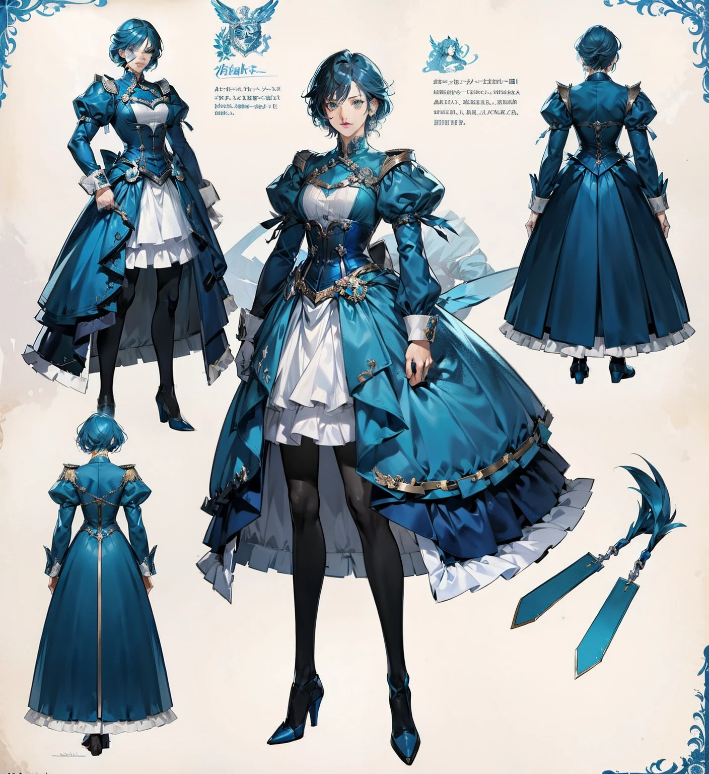 Anime characters in blue coats, full body concept, detailed full-body concept, concept character, full body concept art, full body character concept, detailed full body concept art, concept art character, concept art style, character concept, 2D concept art, new costume concept design, character design concept, full body action concept art, valkyrie style character