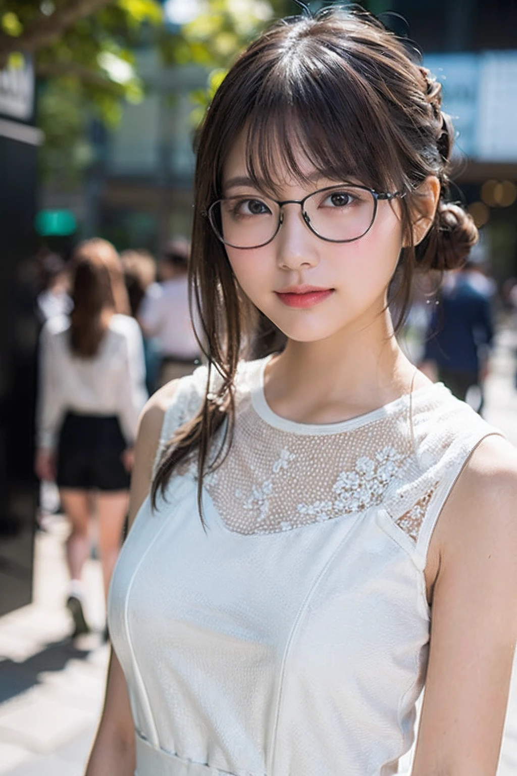 (8K、Raw photography、top-quality、​masterpiece:1.2)、(realisitic、Photorealsitic:1.37)、ultra-detailliert、超A high resolution、1人、see the beholder、beautifull detailed face、A smile、Constriction、(Slim waist) :1.3)、((White blouse clothes))、beutiful breast、Beautiful detailed skin、Skin Texture、Floating hair、((Hair bunched into one))、Professional Lighting、In front of the station at noon、((Black square glasses))、Whole human body、Brown hair