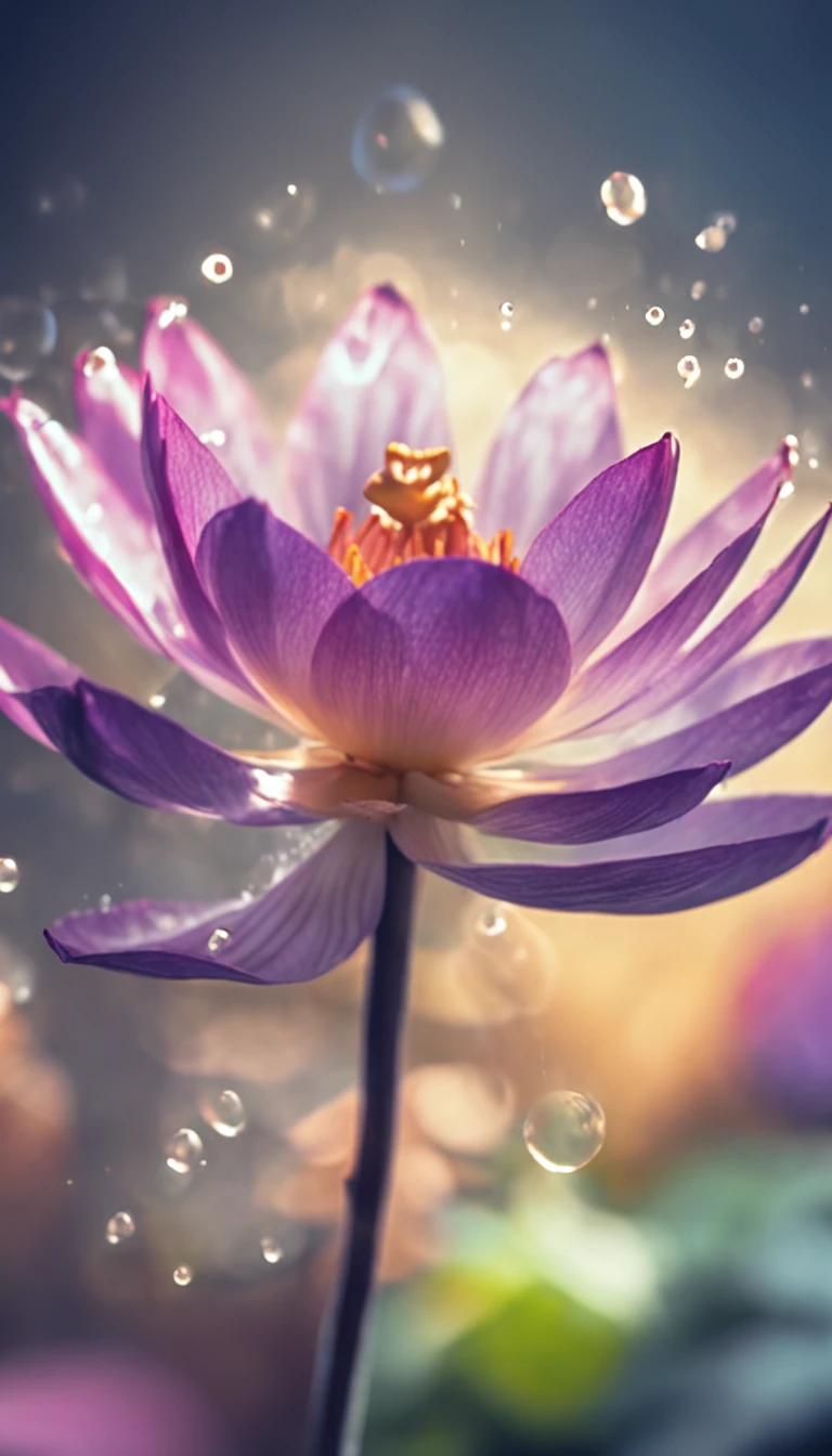 microcosm , Masterpiece , macro photography , cobweb, filmgrain, Bokeh , Smoke , Highly detailed, Sunny Sunny weather, Microflower, The drops, bblurry, 1 realistic lotus flower close-up with azure background, subdued contrasts, rendering by octane , illusory engine